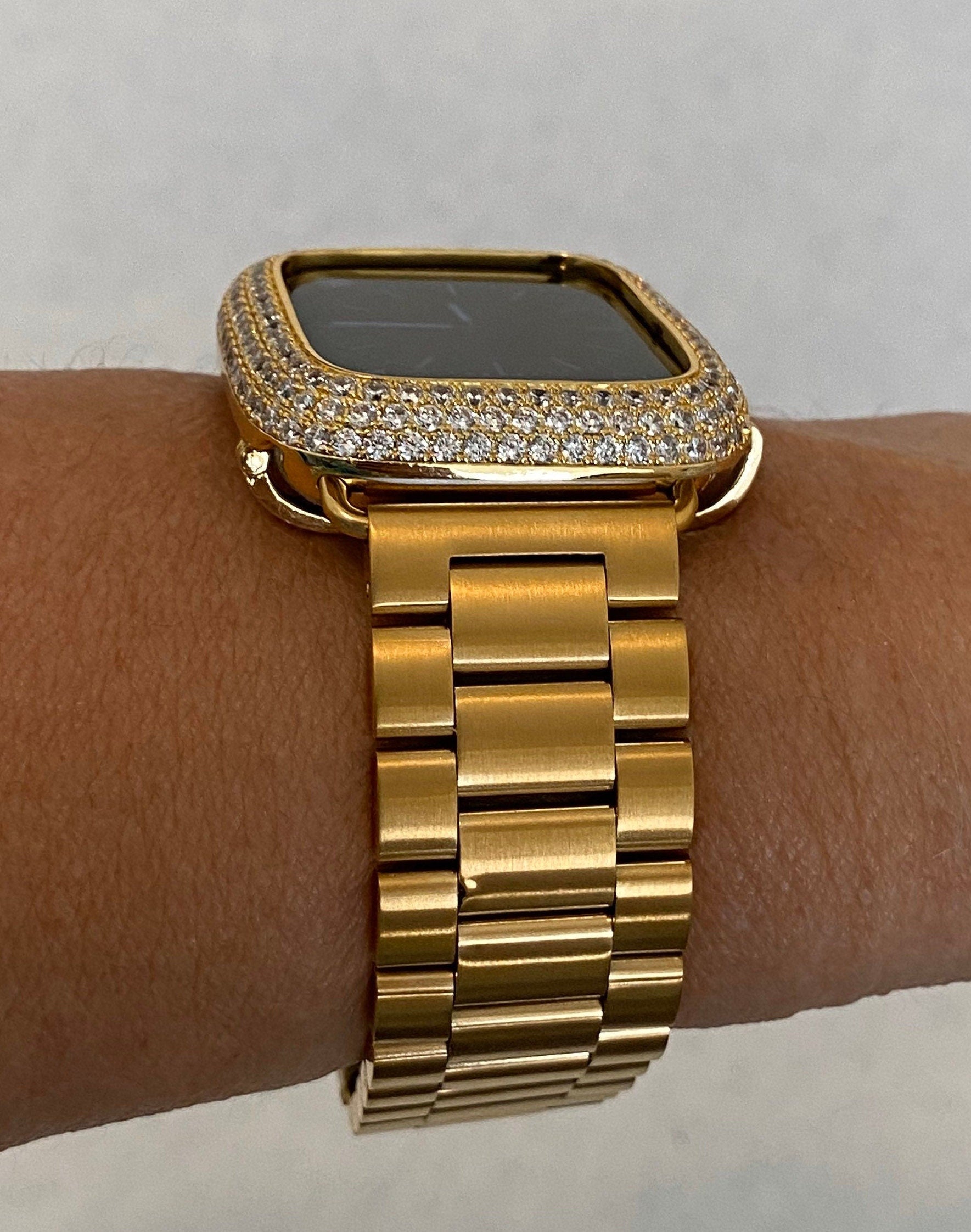 Apple Watch Band Mens Gold Stainless Style & or Apple Watch Cover Lab Diamond Bezel Case Smartwatch Bumper 38mm-49mm Ultra Series 1-11 SE