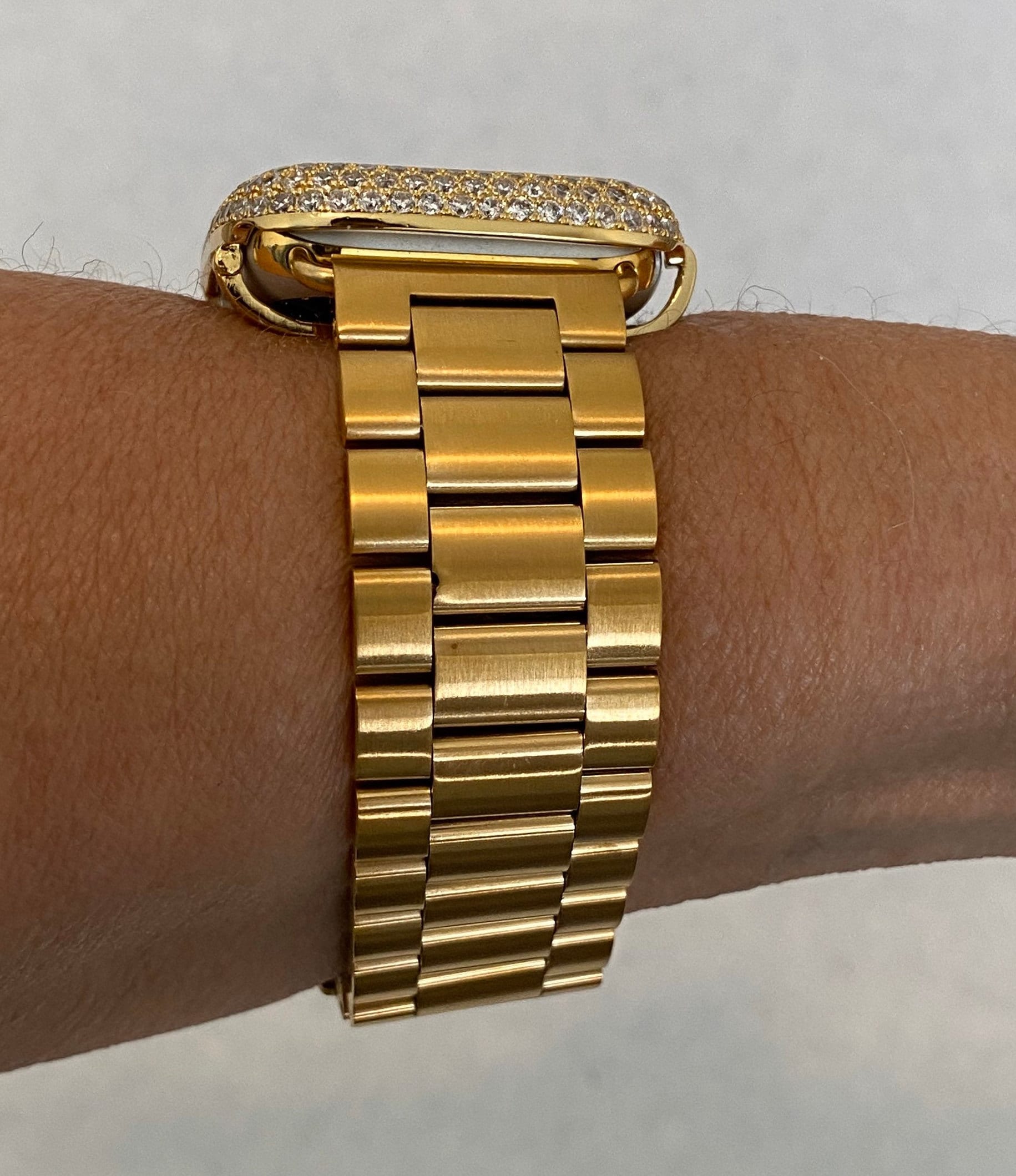 Apple Watch Band Mens Gold Stainless Style & or Apple Watch Cover Lab Diamond Bezel Case Smartwatch Bumper 38mm-49mm Ultra Series 1-8 SE