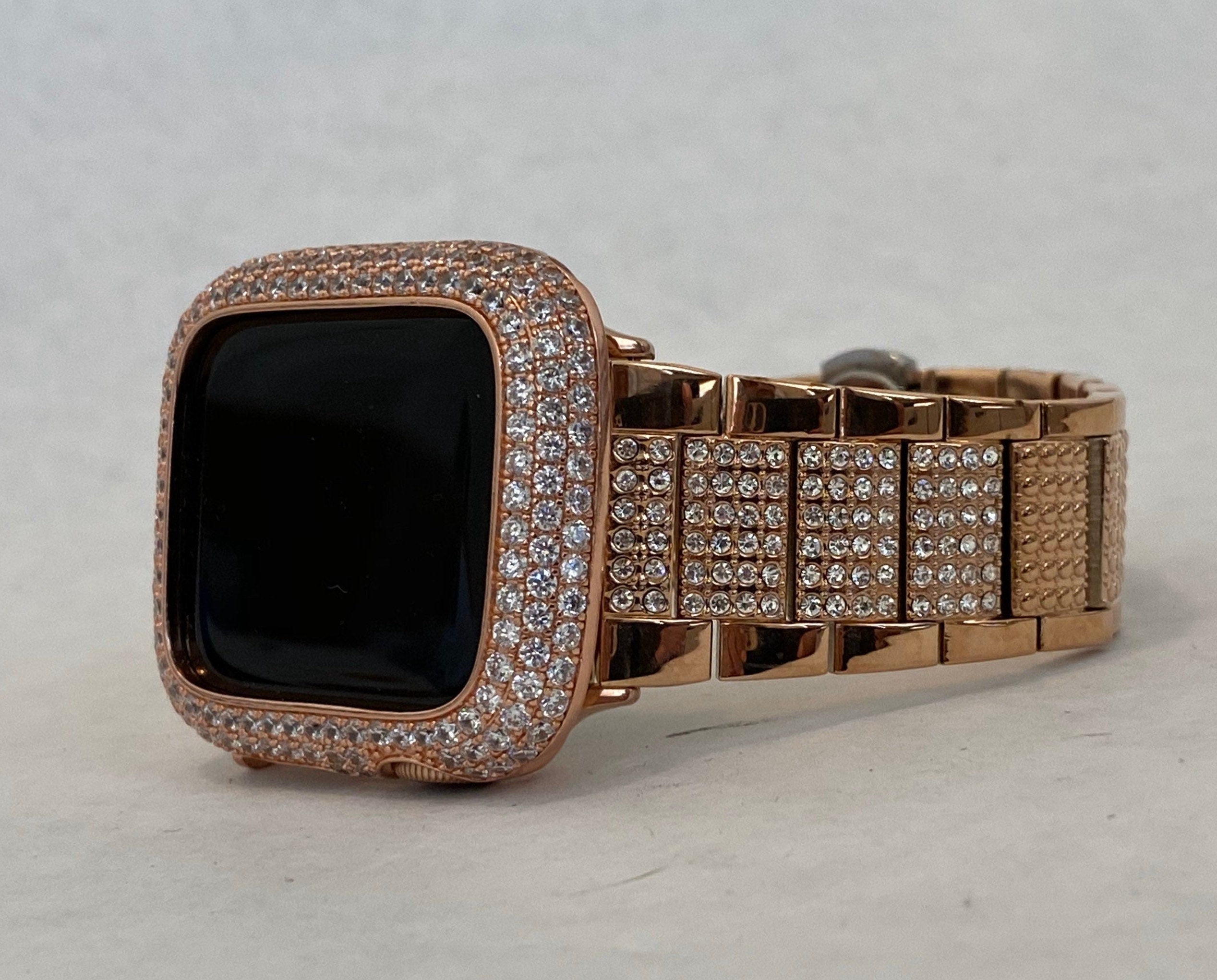 Series 11 Apple Watch Band Woman Rose Gold Swarovski Crystals Stainless Steel & or Apple Watch Cover Lab Diamond Bezel Cover 38mm-49mm Ultra