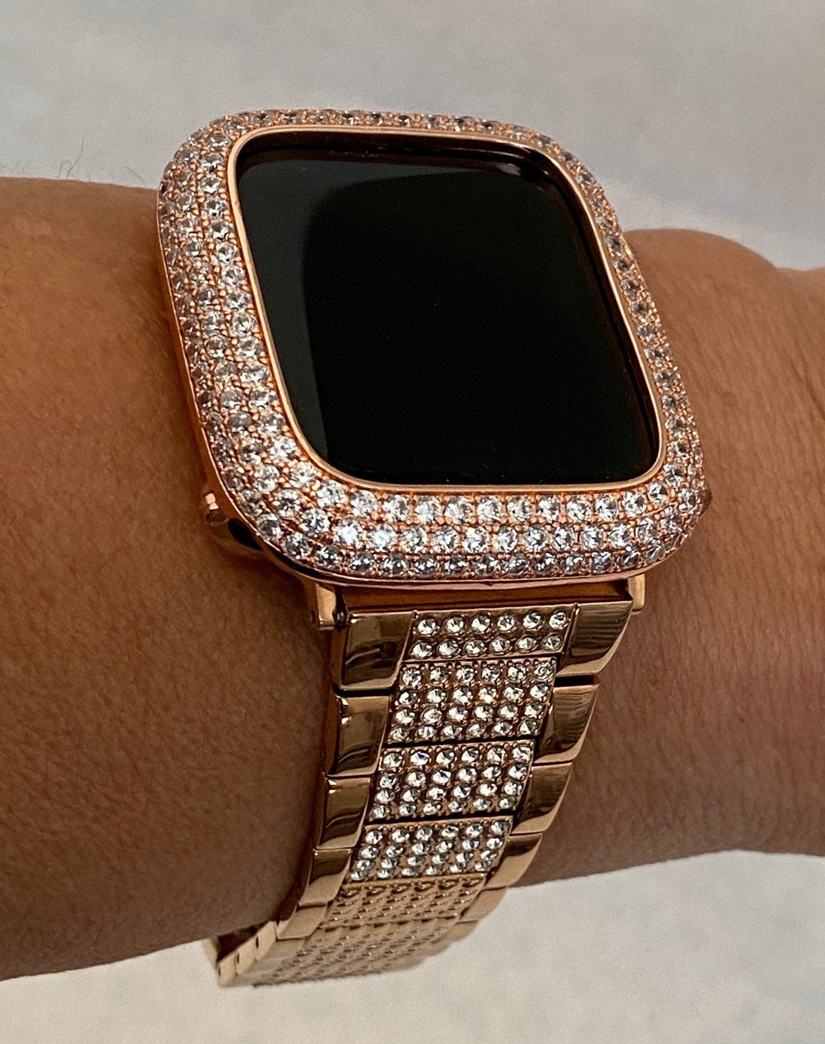 Series 10 Apple Watch Band Woman Rose Gold Swarovski Crystals Stainless Steel & or Apple Watch Cover Lab Diamond Bezel Cover 38mm-49mm Ultra