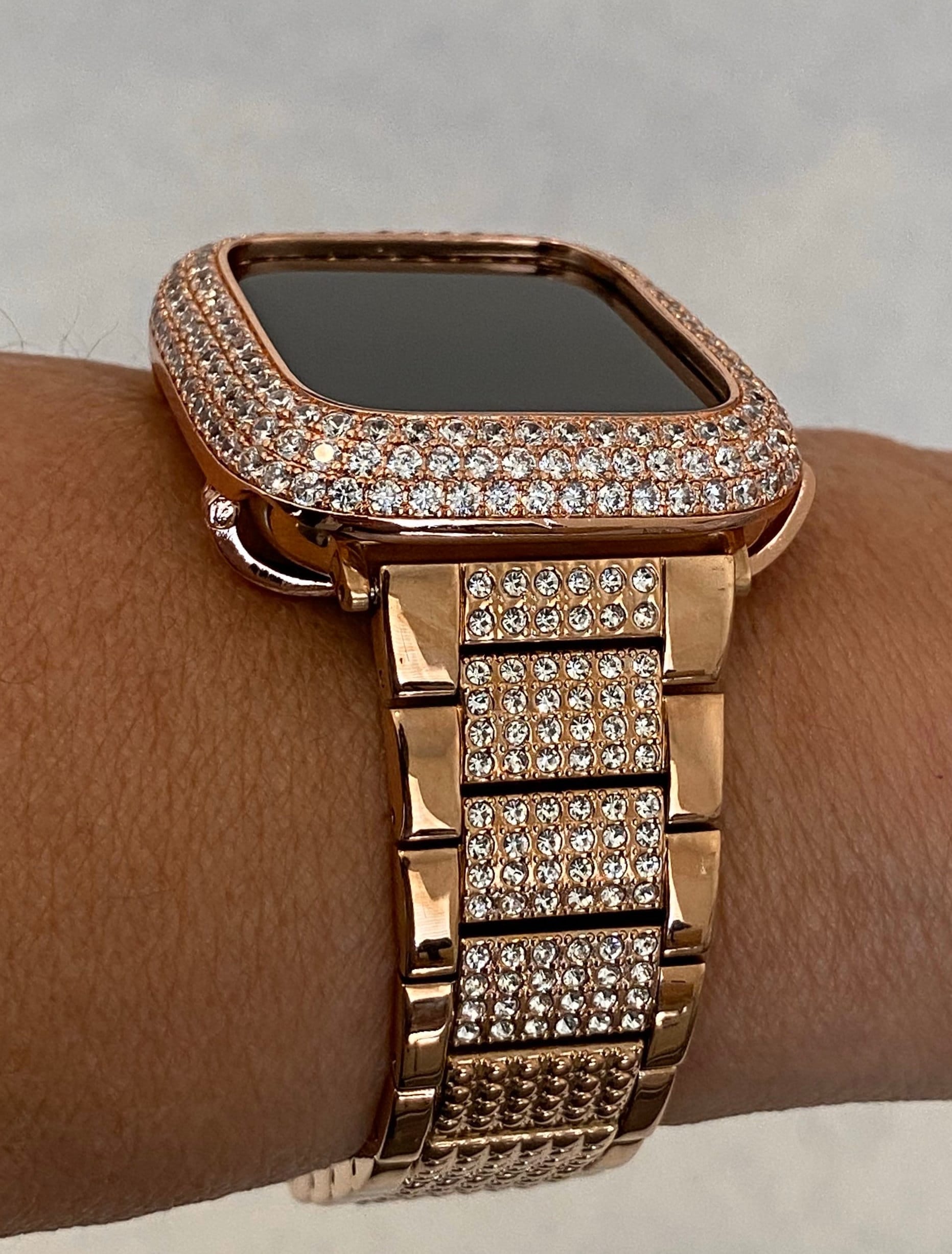 Series 10 Apple Watch Band Woman Rose Gold Swarovski Crystals Stainless Steel & or Apple Watch Cover Lab Diamond Bezel Cover 38mm-49mm Ultra