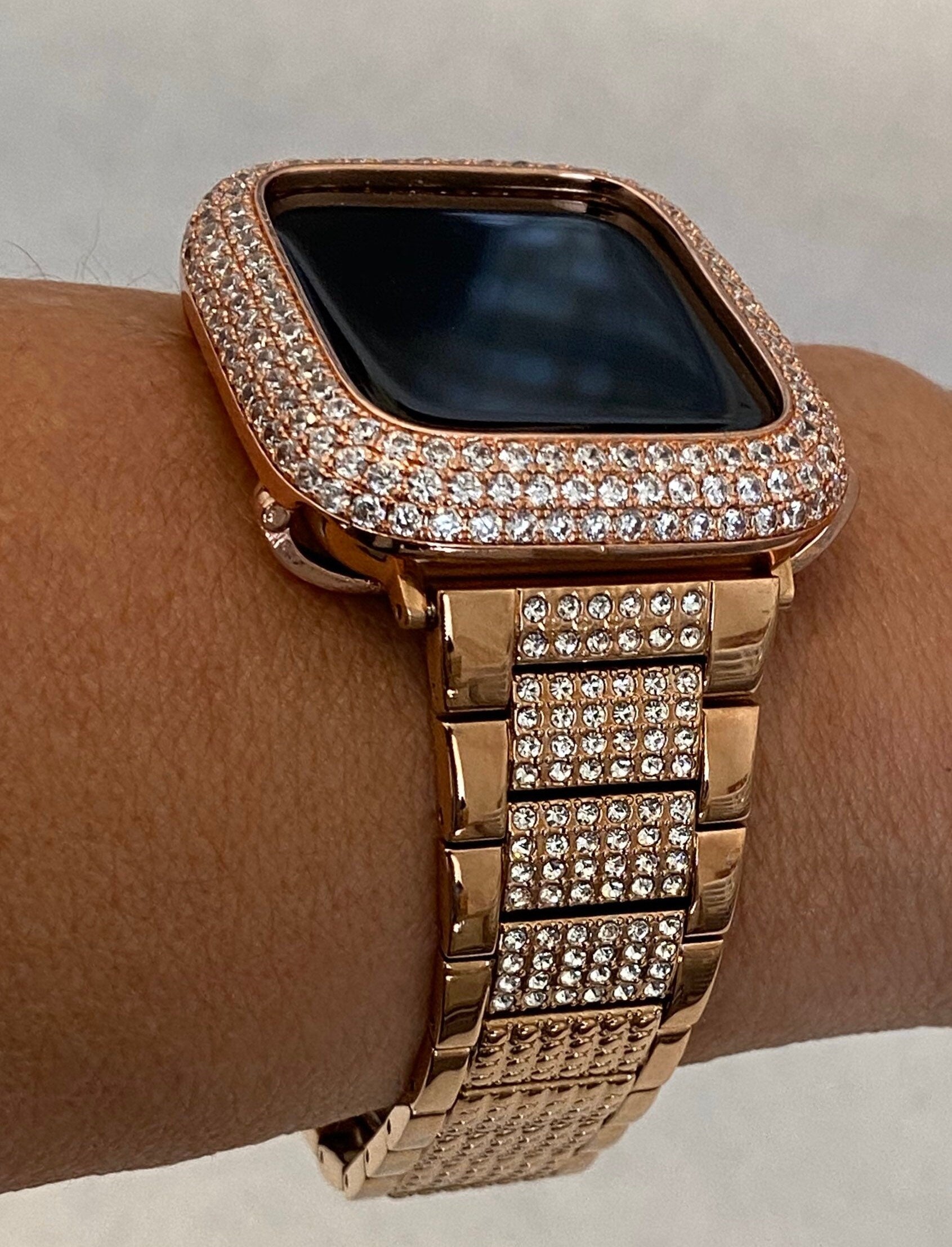 Series 10 Apple Watch Band Woman Rose Gold Swarovski Crystals Stainless Steel & or Apple Watch Cover Lab Diamond Bezel Cover 38mm-49mm Ultra