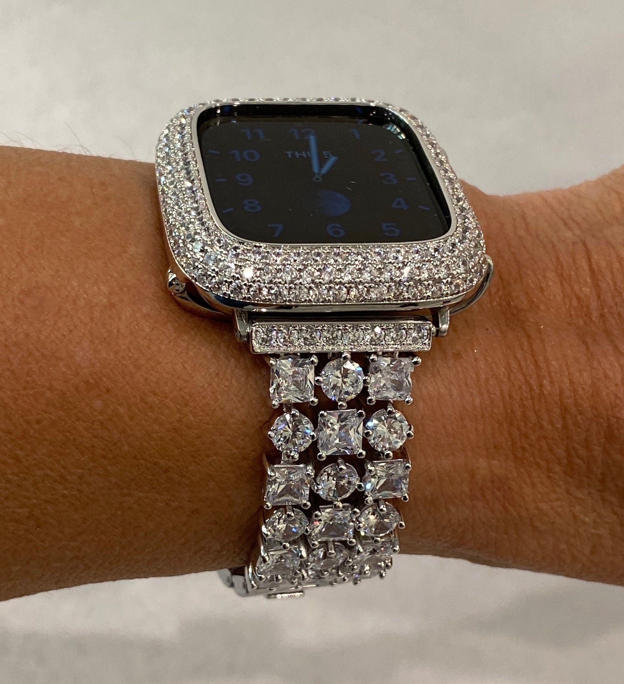 Series 2-10 Apple Watch Band 41mm 45mm 49mm Ultra Swarovski Crystals & or Lab Diamond Bezel Apple Watch Case Bumper Smartwatch Bling Silver
