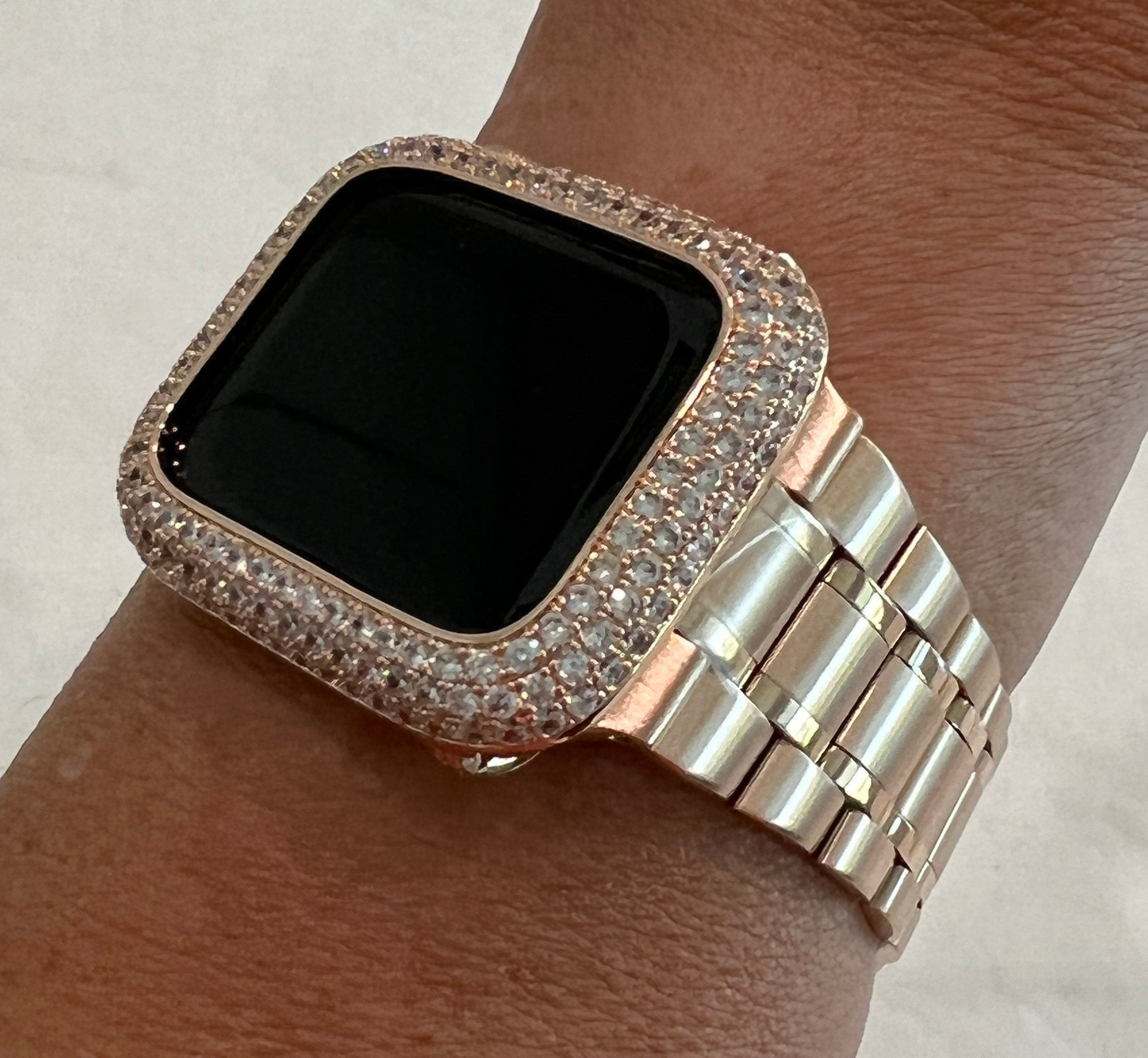 Apple Watch Band 41mm 45mm 49mm Ultra Rose Gold Stainless Steel Ultra Thin & or Lab Diamond Bezel Cover Bling for Smartwatch 38-45mm S 2-10