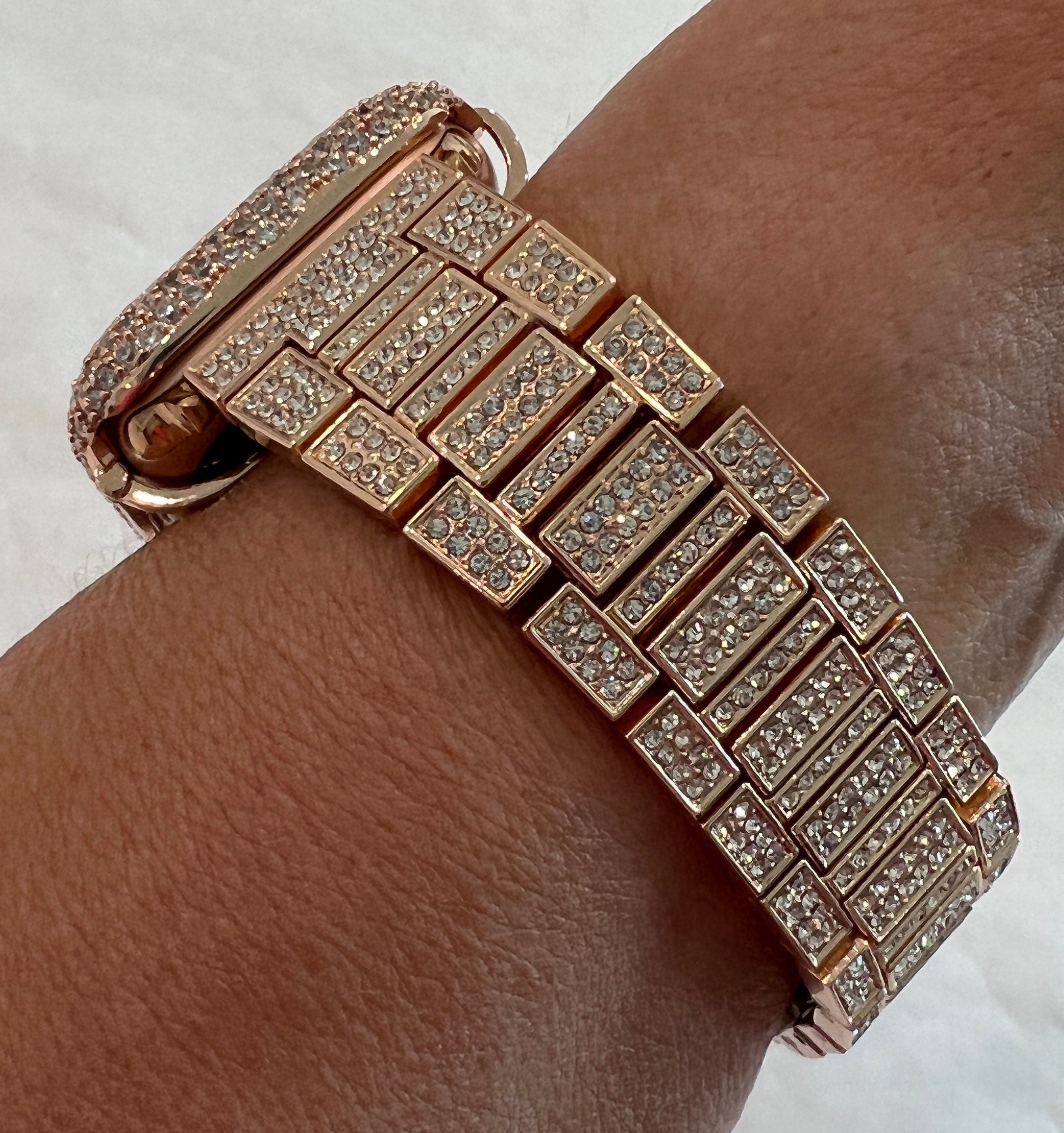 Designer Apple Watch Band Womens Rose Gold Swarovski Crystal & or Apple Watch Case Protective Iphone Watch Cover Bling 38mm-45mm 49mm Ultra
