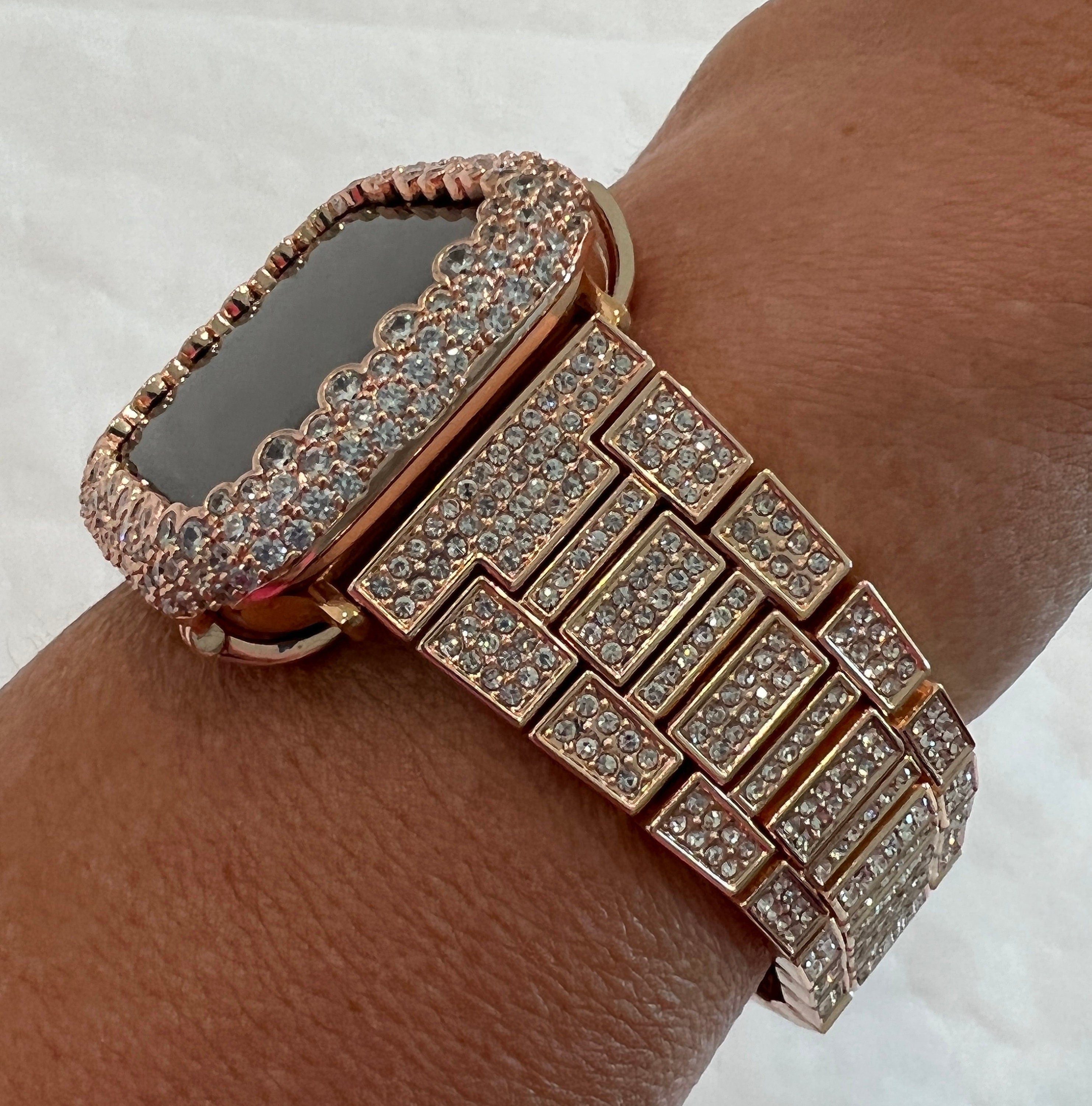 Designer Apple Watch Band Womens Rose Gold Swarovski Crystal & or Apple Watch Case Protective Iphone Watch Cover Bling 38mm-45mm 49mm Ultra