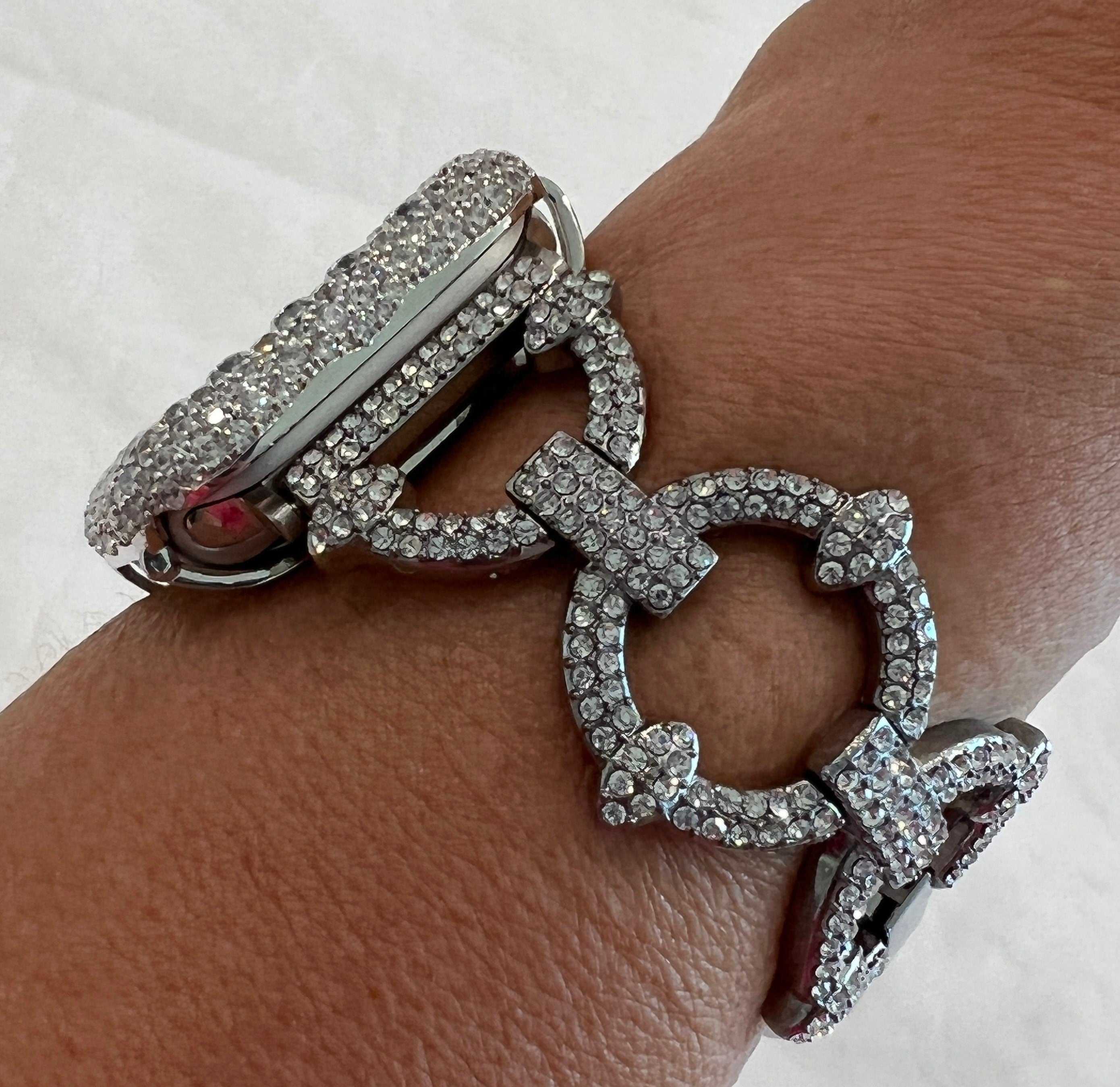 Crystal Pave Link Apple Watch Band 41mm 45mm 49mm Ultra Silver & or Apple Watch Cover Lab Diamond Bezel 38mm-49mm Ultra Series 10-11