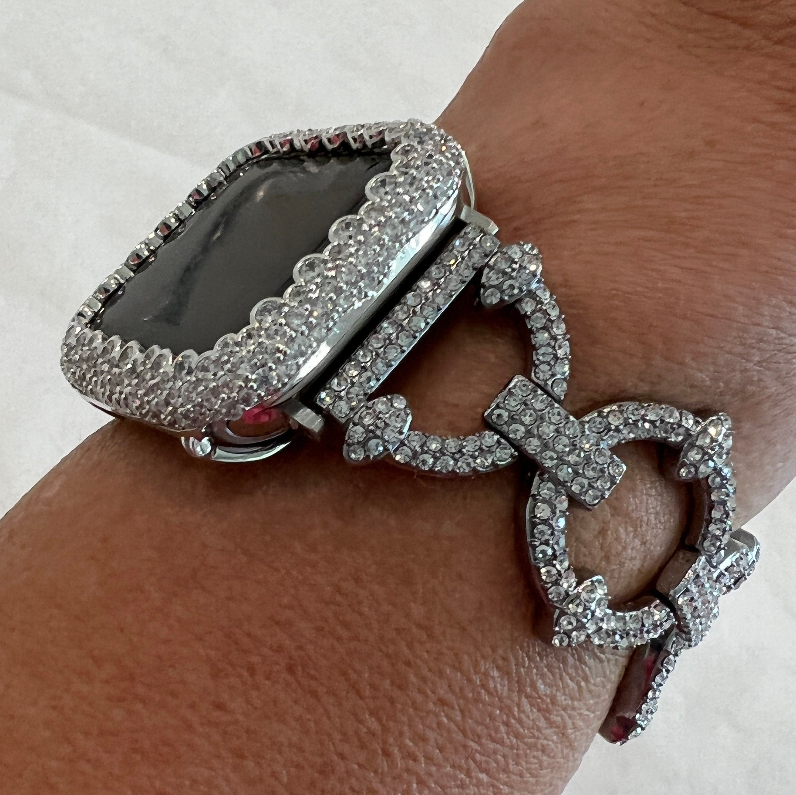 Crystal Pave Link Apple Watch Band 41mm 45mm 49mm Ultra Silver & or Apple Watch Cover Lab Diamond Bezel 38mm-49mm Ultra Series 10-11