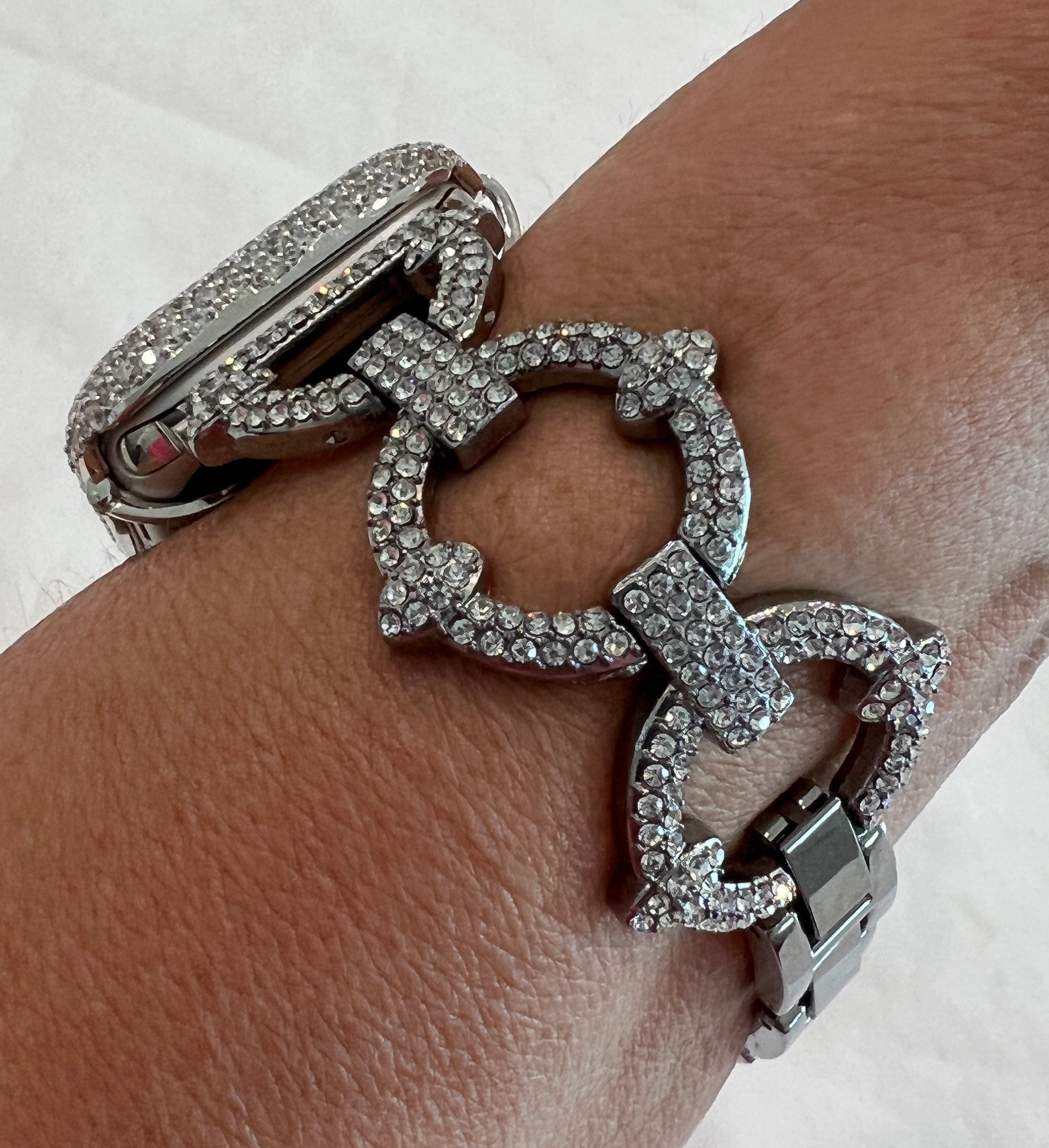 Crystal Pave Link Apple Watch Band 41mm 45mm 49mm Ultra Silver & or Apple Watch Cover Lab Diamond Bezel 38mm-49mm Ultra Series 10-11