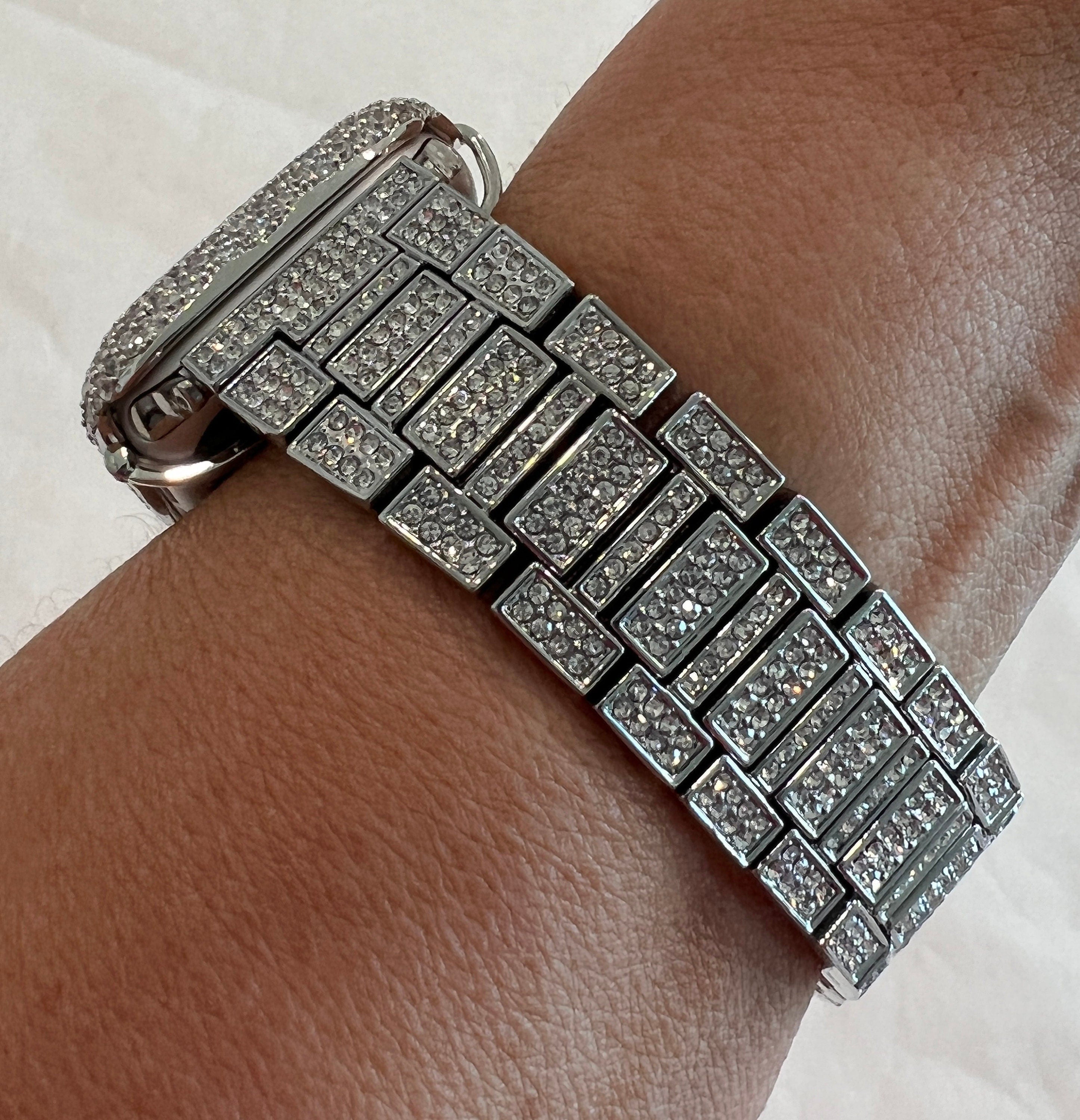 White Gold Apple Watch Band Swarovski Crystal & or Silver Lab Diamond Bezel Apple Watch Cover Apple Watch Case Series 2-11 SE 38-49mm Ultra