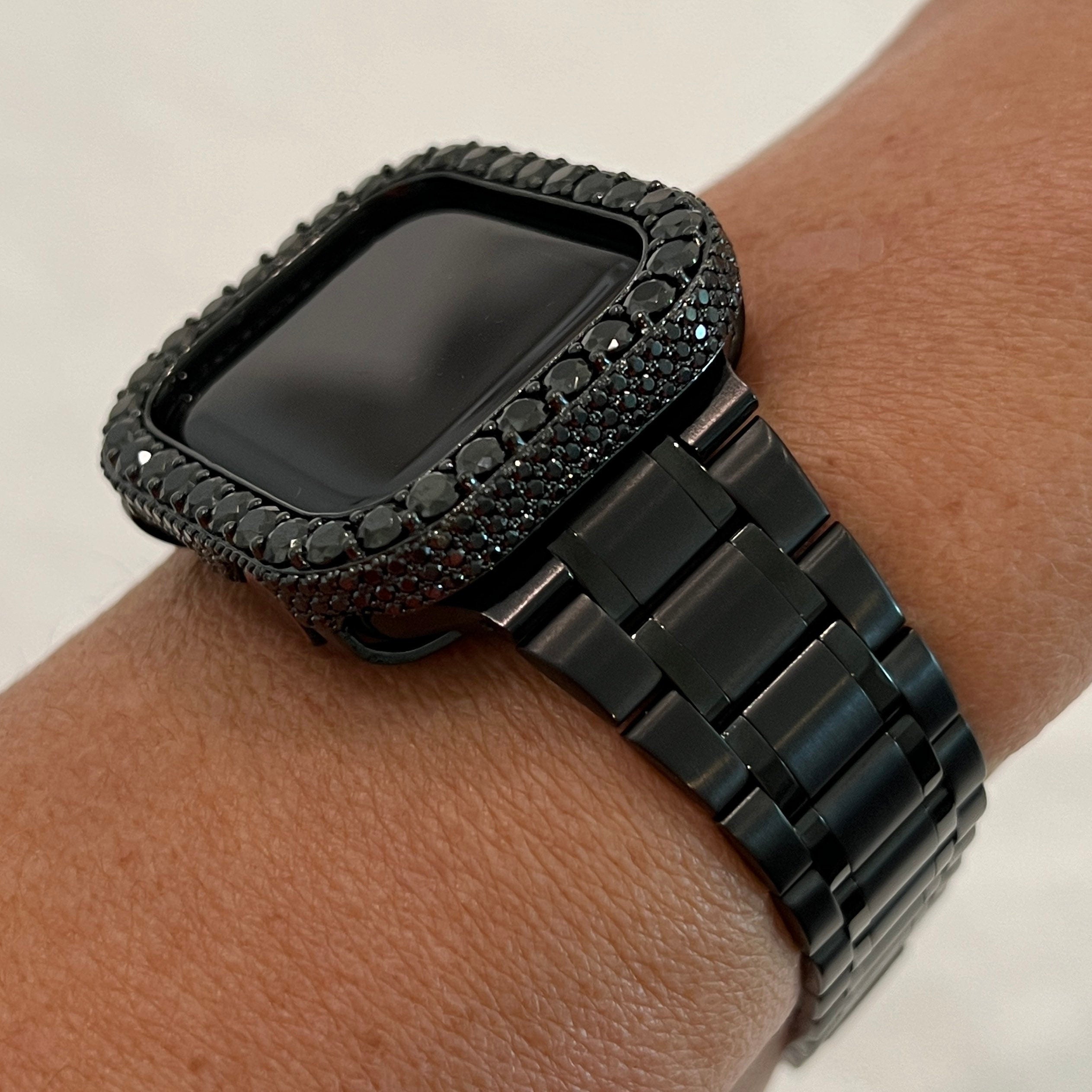 Series 2-9 Black Apple Watch Band Mens Womens 41mm 45mm Stainless Steel Ultra Thin & or Apple Watch Case 3.5mm Lab Diamond Bezel Cover Bling