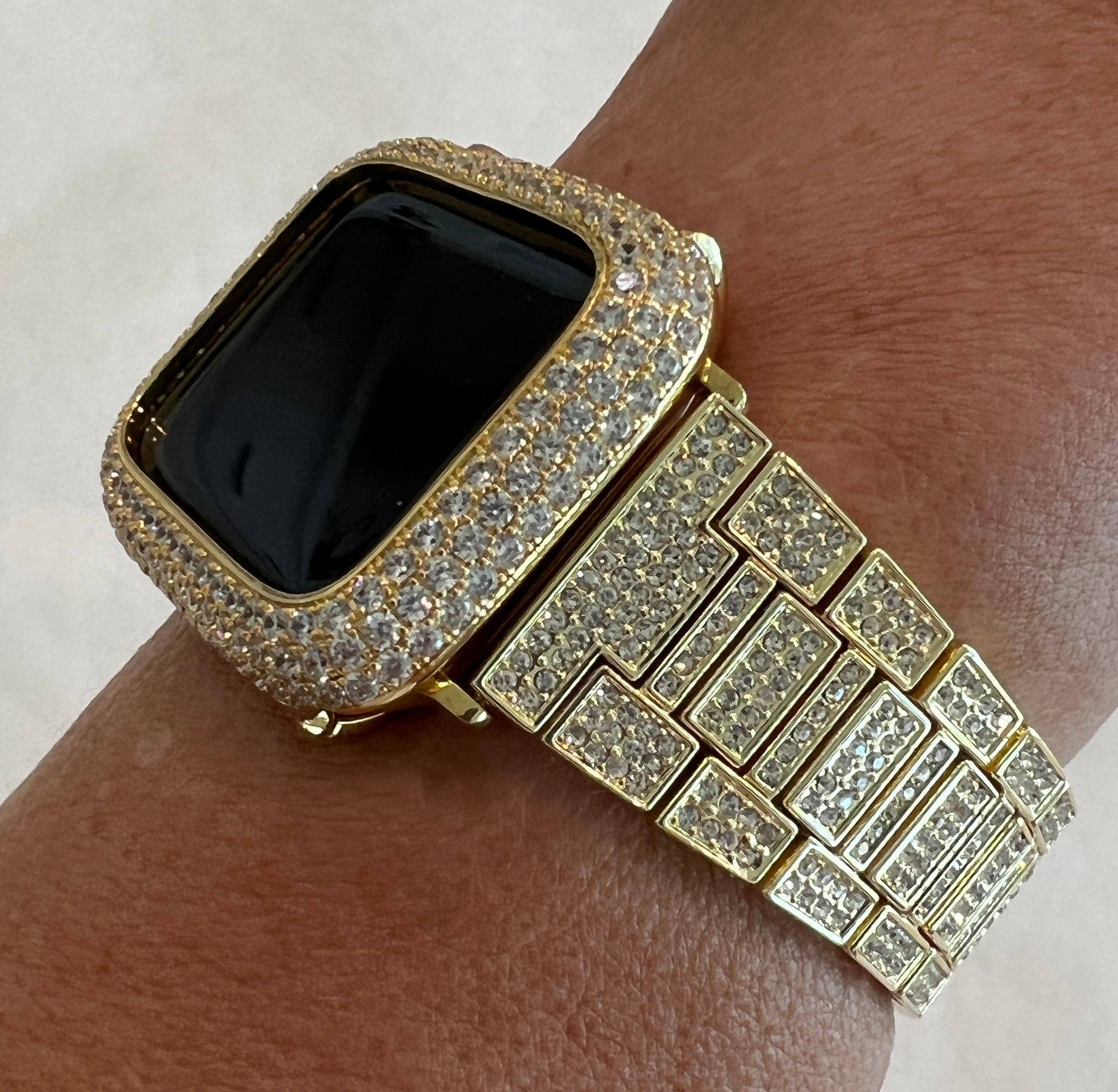Pave Apple Watch Band Gold Crystals 38mm-49mm Ultra & or Apple Watch Cover Lab Diamond Bezel Apple Watch Case Iwatch Candy Bling