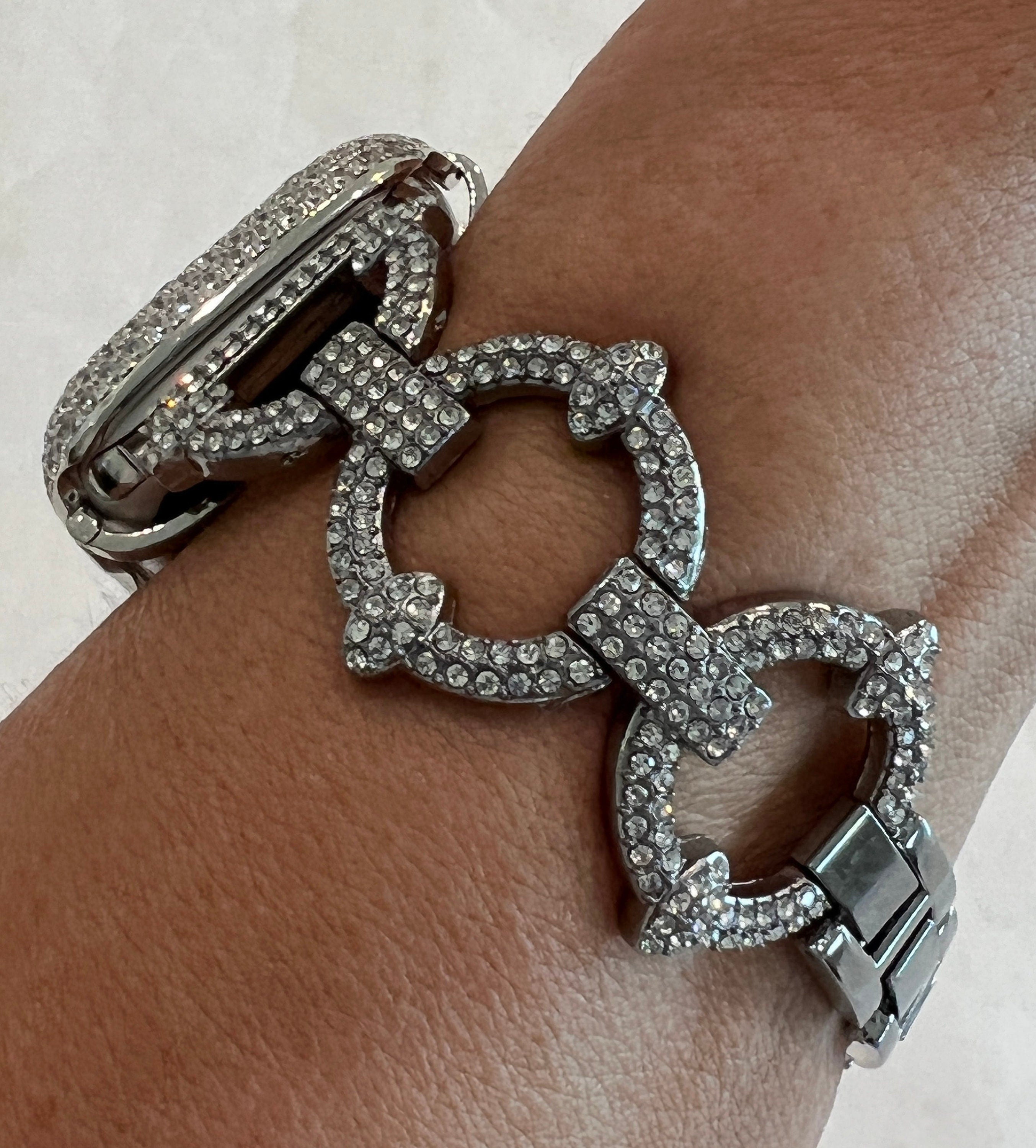 Pave Apple Watch Band Women Silver Swarovski Crystal 38mm-49mm & or Apple Watch Cover Lab Diamond Bezel Bling Iwatch Case Series 10