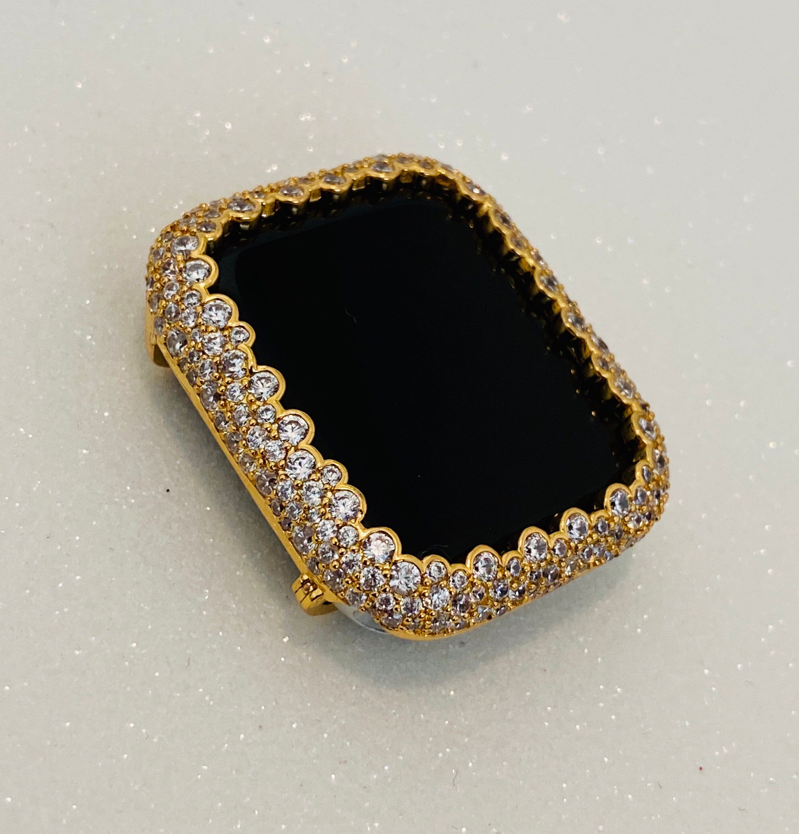 49mm Ultra Designer Apple Watch Case with Lab Diamond in 14k yellow gold plating.  Protective Bumper Style Apple Watch Case 38mm 40mm 41mm 42mm 44mm 45mm Series 2-8 Iwatch Candy Bling