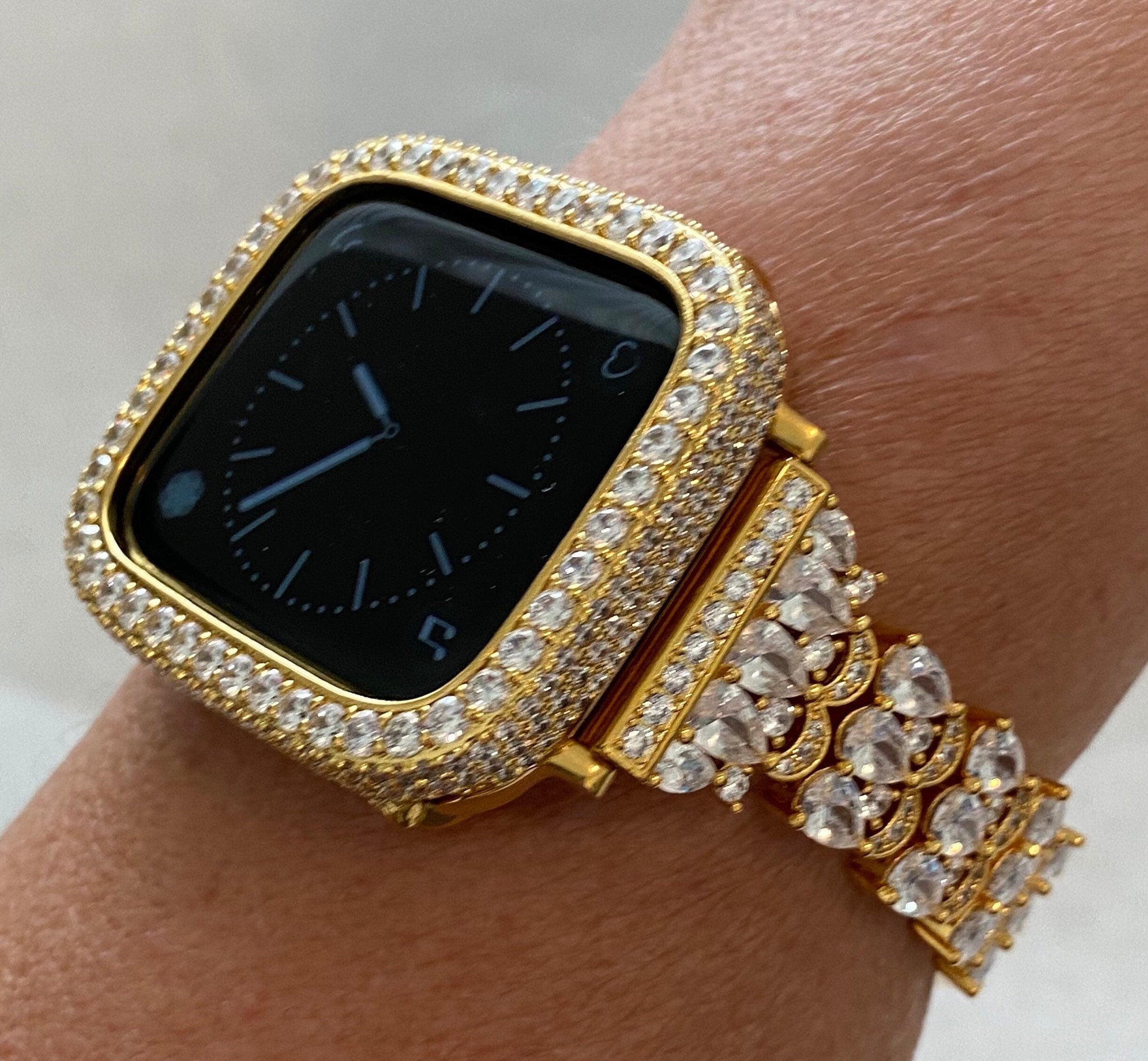 Luxury Apple Watch Band Womens Yellow Gold Swarovski Crystals & or Apple Watch Case for Iphone Watch Lab Diamond Cover 38-49mm Iwatch Candy