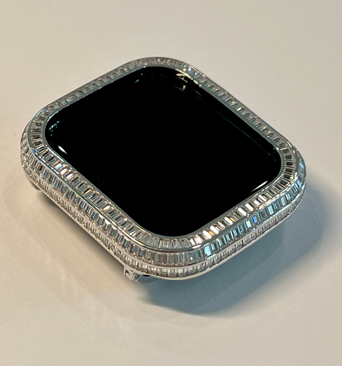 Silver Apple Watch Cover 40mm 41mm 44mm 45mm,  Apple Watch Case 3 Rows of Lab Diamond Baguettes, Iphone Watch Bezel Bumper Bling, Iwatch