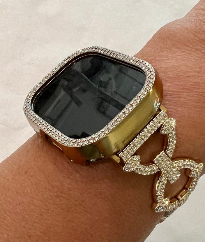 Luxury Womens Ultra 49mm Apple Watch Band Gold Swarovski Crystal Bracelet 38mm-45mm & or Crystal Bezel Case Cover Smartwatch Bling Series 2-8 SE