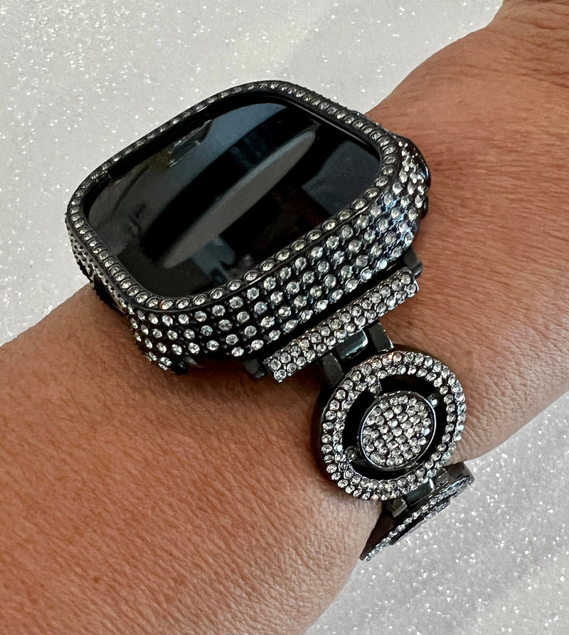Ultra Apple Watch Band 49mm Black Pave Swarovski Crystals & or Apple Watch Cover Case Smartwatch Bumper Bling Series 8