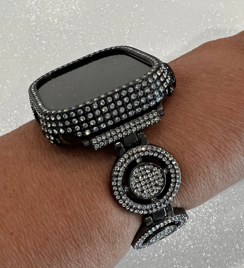 Ultra Apple Watch Band 49mm Black Pave Swarovski Crystals & or Apple Watch Cover Case Smartwatch Bumper Bling Series 8