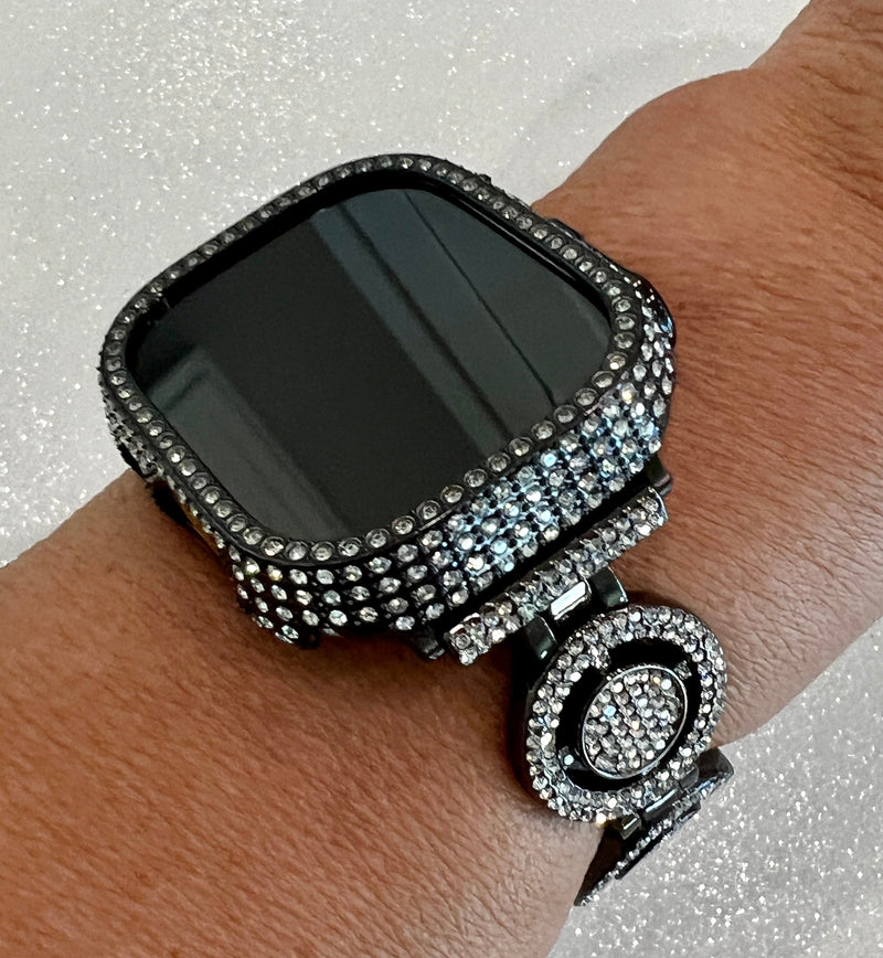 Ultra Apple Watch Band 49mm Black Pave Swarovski Crystals & or Apple Watch Cover Case Smartwatch Bumper Bling Series 8