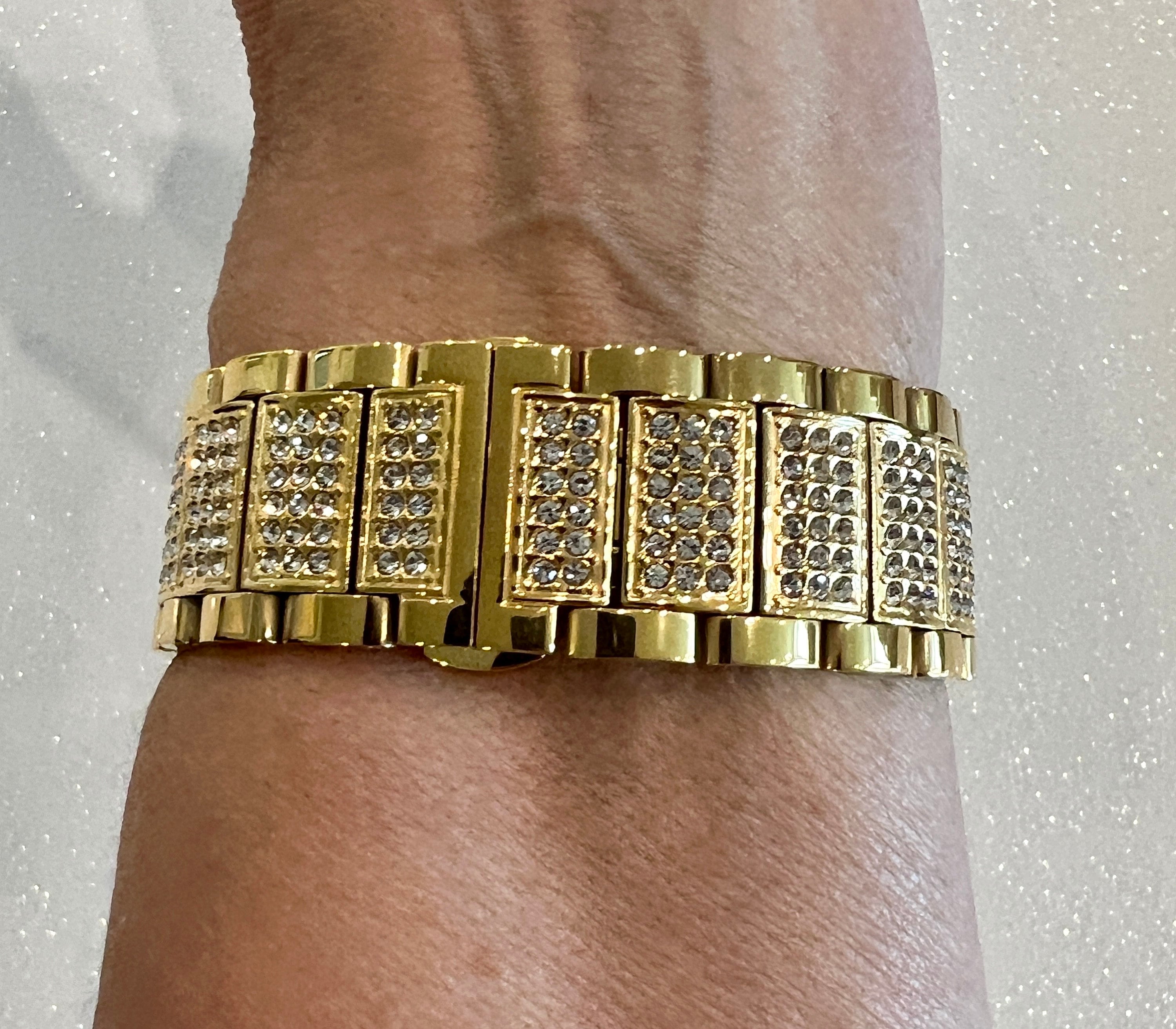 Gold Apple Watch Band Mens Women Stainless Steel Swarovski Crystal & or Apple Watch Cover Large 3.5mm Lab Diamond Iphone Watch Face