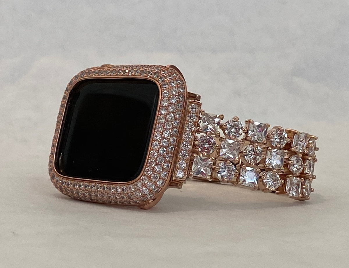 Rose Gold Apple Watch Band Womens High End Crystals & or Apple Watch Cover Lab Diamond Bezel Iphone Watch Case 39mm-49mm Ultra Iwatch Candy