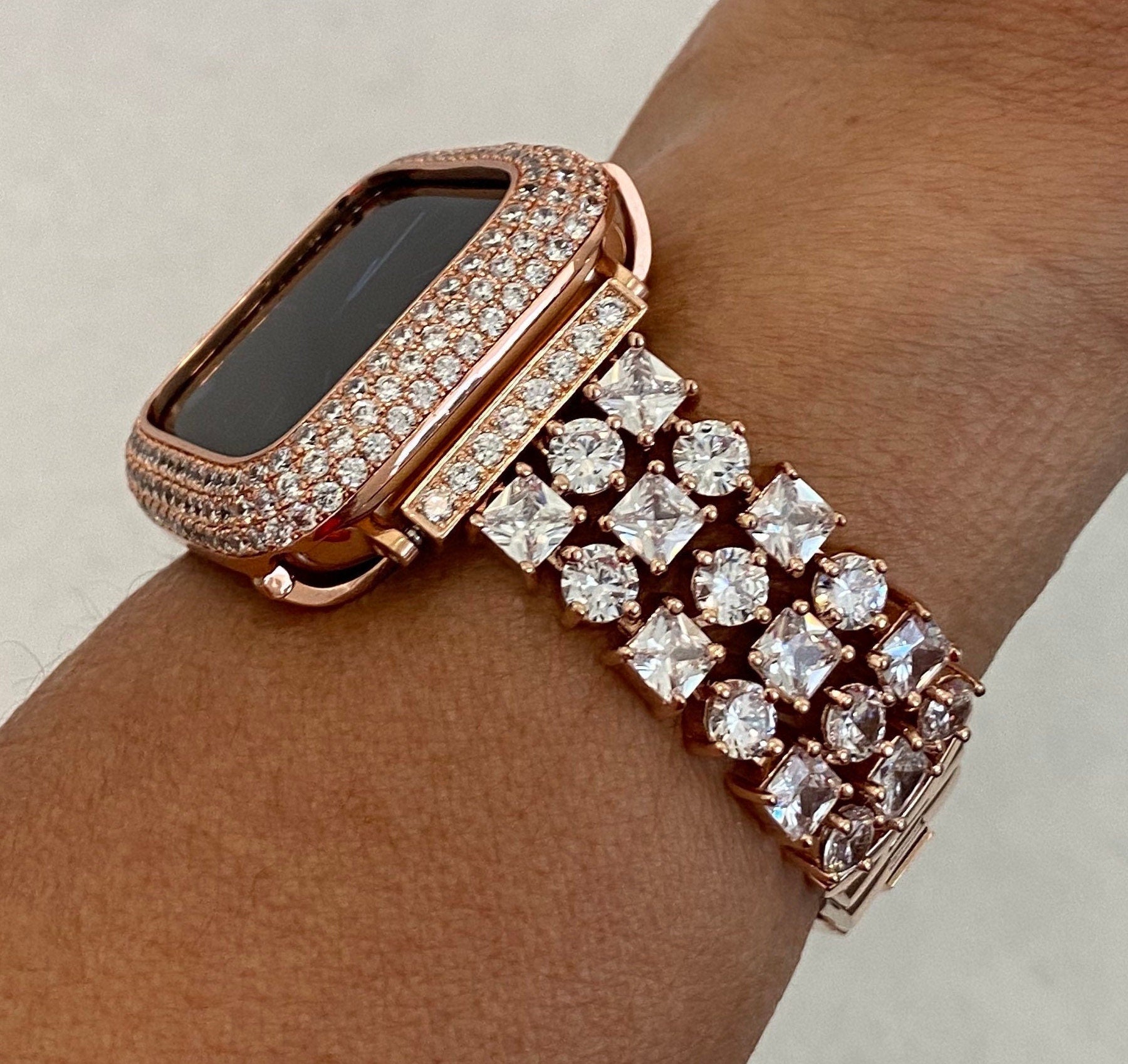 Rose Gold Apple Watch Band Womens Swarovski Crystals & or Apple Watch Cover Lab Diamond Bezel Iphone Watch Case 39mm-49mm Ultra Iwatch Candy