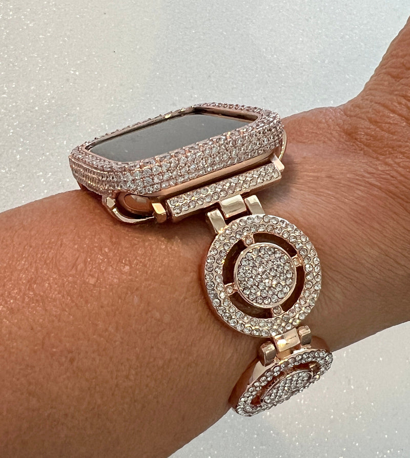 Pave Rose Gold Apple Watch Band Womens Swarovski Crystal 38-49mm & or Apple Watch Cover Lab Diamond Bezel Case Iwatch Candy Bling