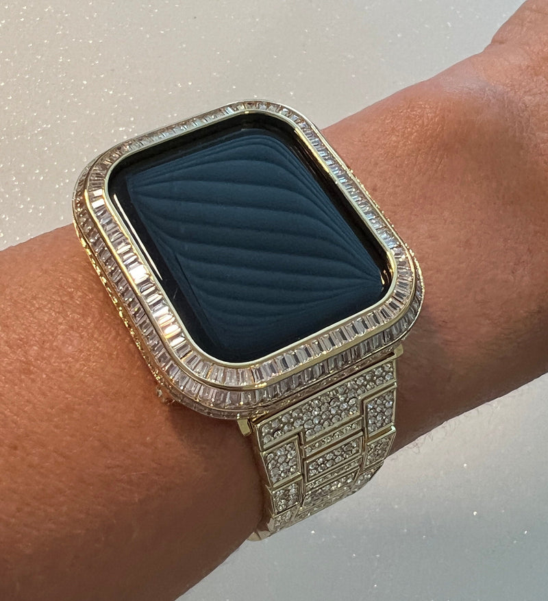 Luxury Apple Watch Band Yellow Gold Pave Swarovski Crystals & or Apple Watch Case Baguette Lab Diamond Bezel Cover Iwatch Candy Bling