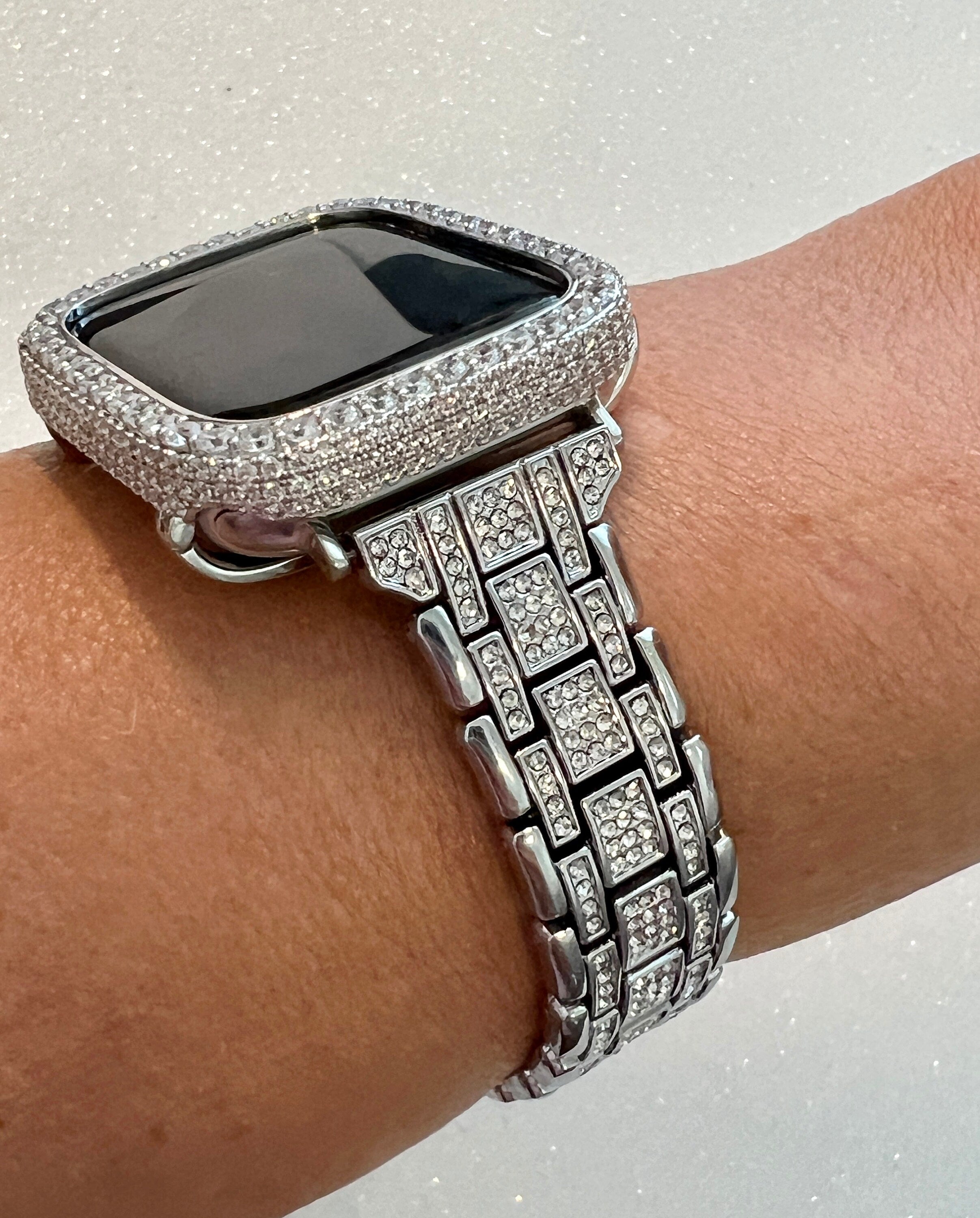 Designer Silver Apple Watch Band Women Crystal Bracelet & or Apple Watch Cover Lab Diamond Bezel Case 38 40 41 42 44 45 49mm Ultra
