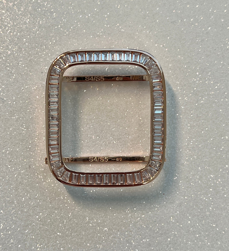 Apple Watch Band Women 38mm 40mm 41mm 42mm 44mm 45mm Rose Gold Swarovski Crystal & or Apple Watch Cover Baguette Lab Diamond Bumper Case