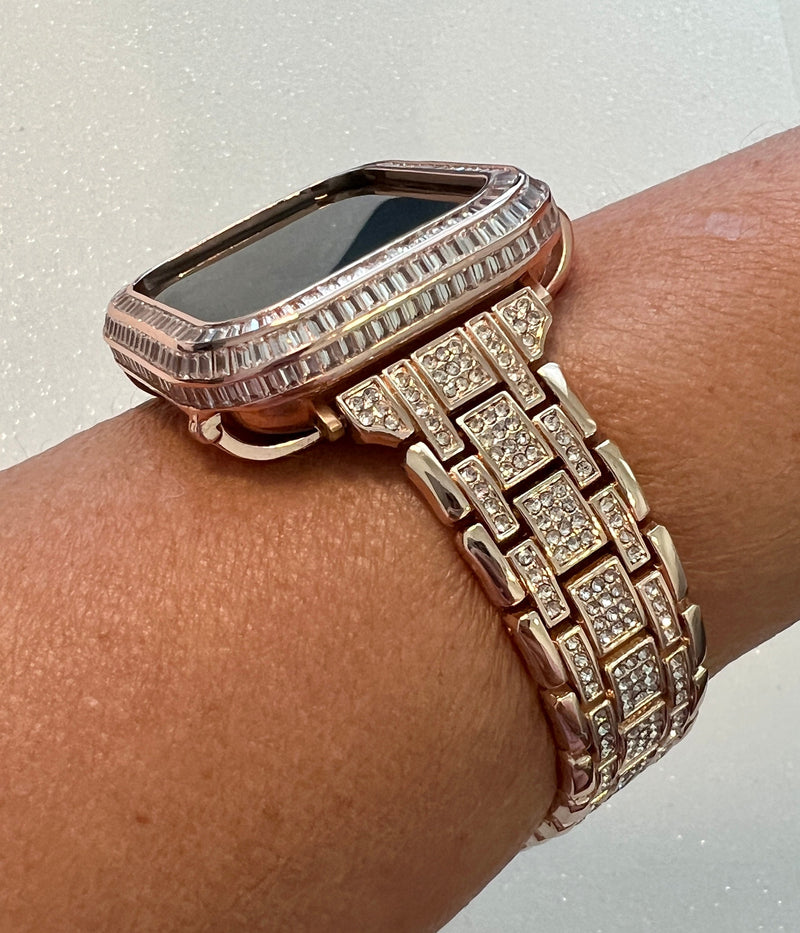 Luxury Apple Watch Band Womens Rose Gold Swarovski Crystals & or Apple Watch Case Baguette Lab Diamonds Bumper Cover Iwatch Candy Bling