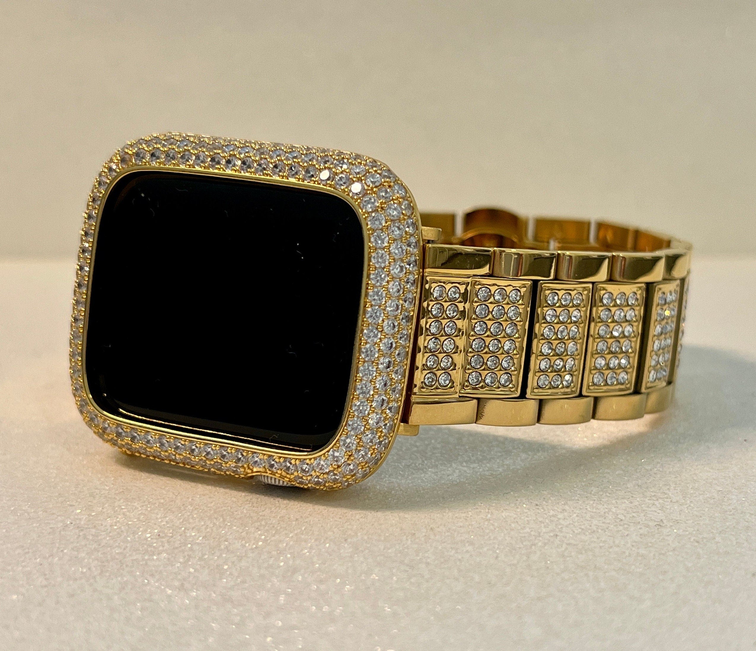 High End Apple Watch Band Women Gold Swarovski Crystals 38mm 40mm 41mm 42mm 44mm 45mm 49mm Ultra & or Apple Watch Cover Lab Diamond Bezel