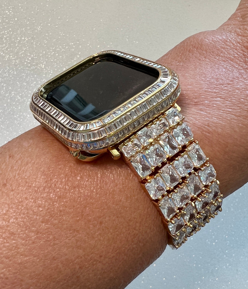 Huge Bling Apple Watch Band Woman Baguette Radiant Cut Swarovski Crystal Gold & or Apple Watch Cover Baguette Lab Diamond Bezel Iwatch Candy