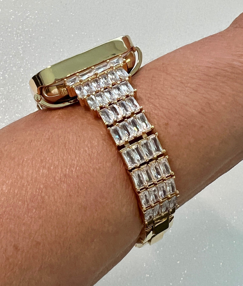 Custom Gold Apple Watch Band Woman Baguette Swarovski Crystals & or Apple Watch Cover Lab Diamond Bezel Case Iwatch Candy Bling 38mm-45mm