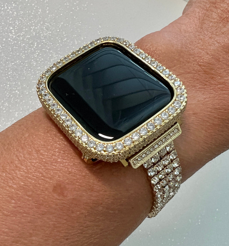 Womens Apple Watch Band Gold Swarovski Crystals 38 40 41 42 44 45 49mm & or Apple Watch Cover Lab Diamond Bezel Case Iwatch Candy Bling