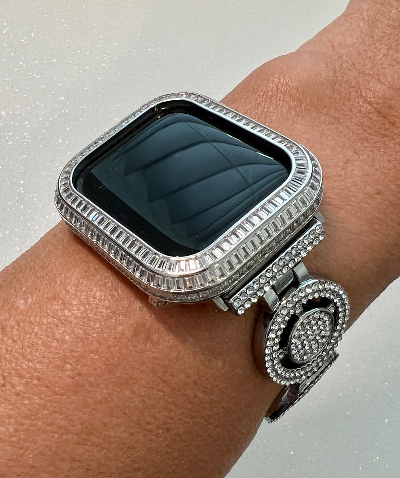 Custom Apple Watch Band Womens Silver Pave Swarovski Crystals & or Apple Watch Cover Baguette Lab Diamond Bezel Bling Iwatch Candy