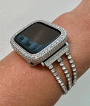 Designer Apple Watch Band Womens Silver Swarovski Crystal Bracelet & or Apple Watch Case Pave Lab Diamonds Iwatch Candy Bumper Bling 38-49mm