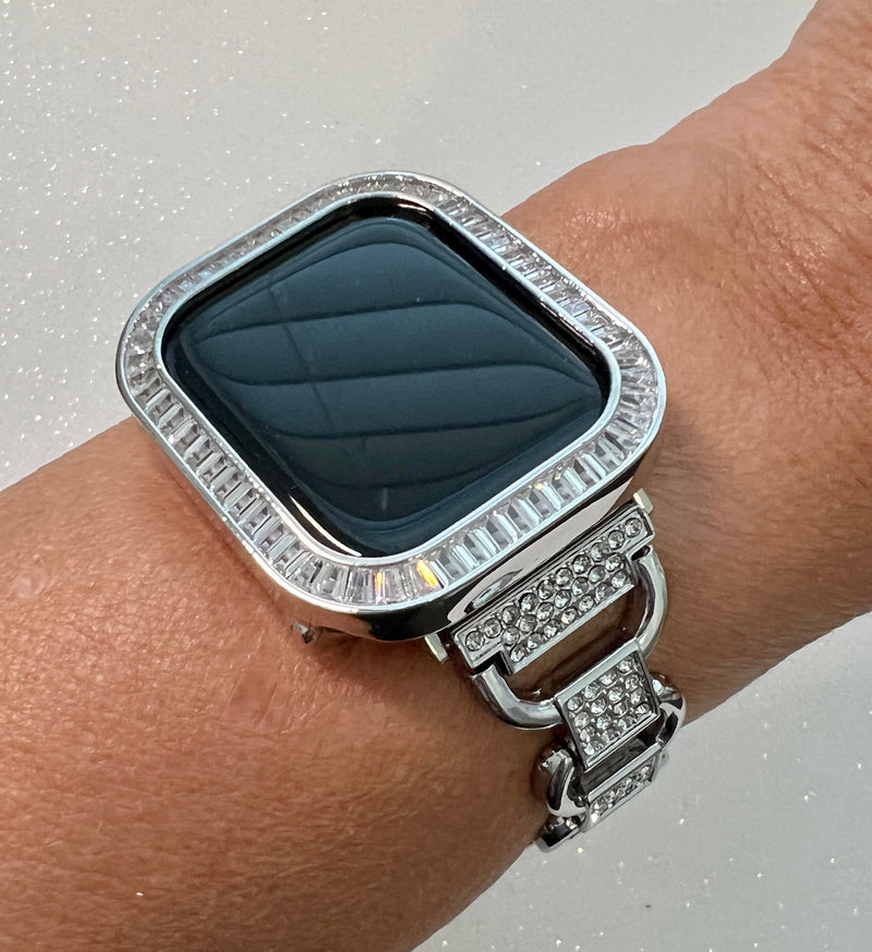 Apple Watch Band Women Silver Link Bracelet with Swarovski Crystals & or Apple Watch Cover Baguettes Lab Diamond Iwatch Candy Bling 38-49mm
