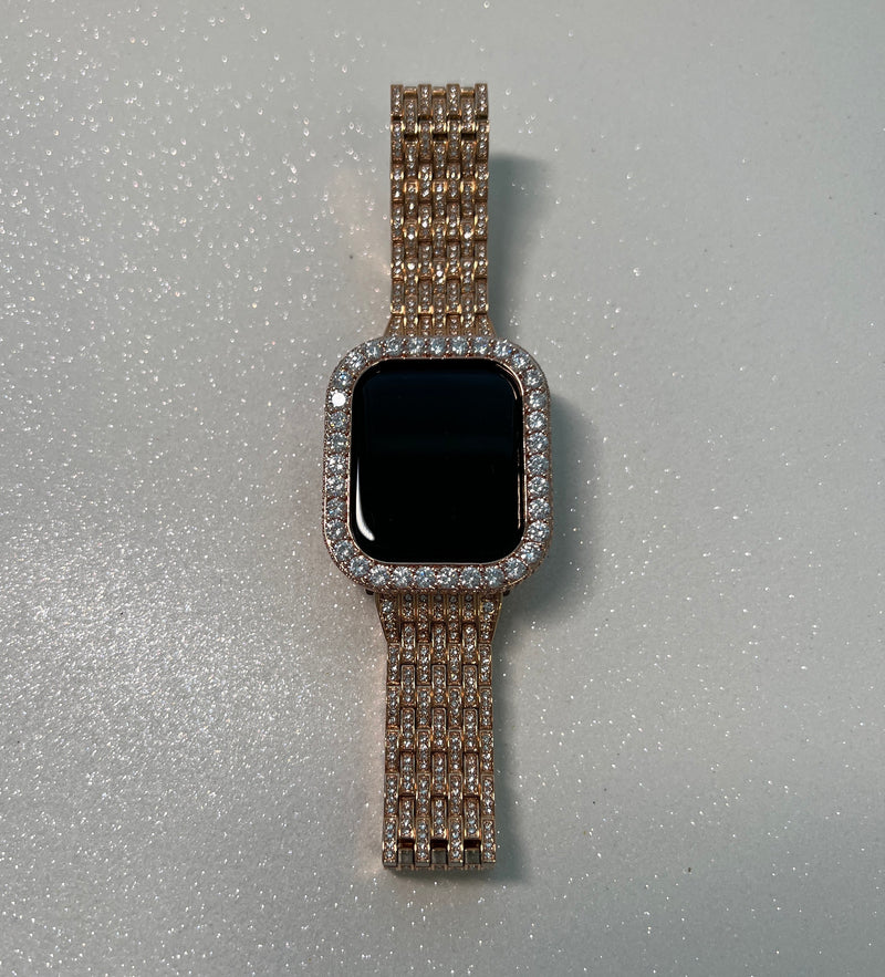 Apple Watch Band Women Rose Gold Swarovski Crystals & or Apple Watch Case 3.5mm Lab Diamond Bezel Cover Iwatch Candy Bling 38mm-45mm