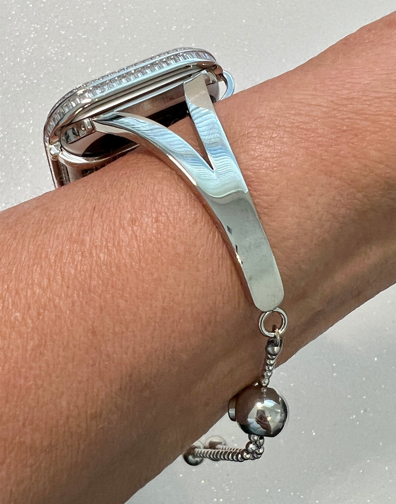 Sleek Sliver Apple Watch Band Bangle Bracelet Womens & or Custom Apple Watch Case 3 Rows of Baguette Lab Diamonds Iwatch Candy 40 41 44 45mm