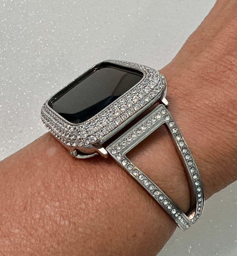 Sliver Apple Watch Band Women Swarovski Crystal Bangle Bracelet & or Apple Watch Case Pave Lab Diamonds 38mm-49mm Ultra Iwatch Candy Bling