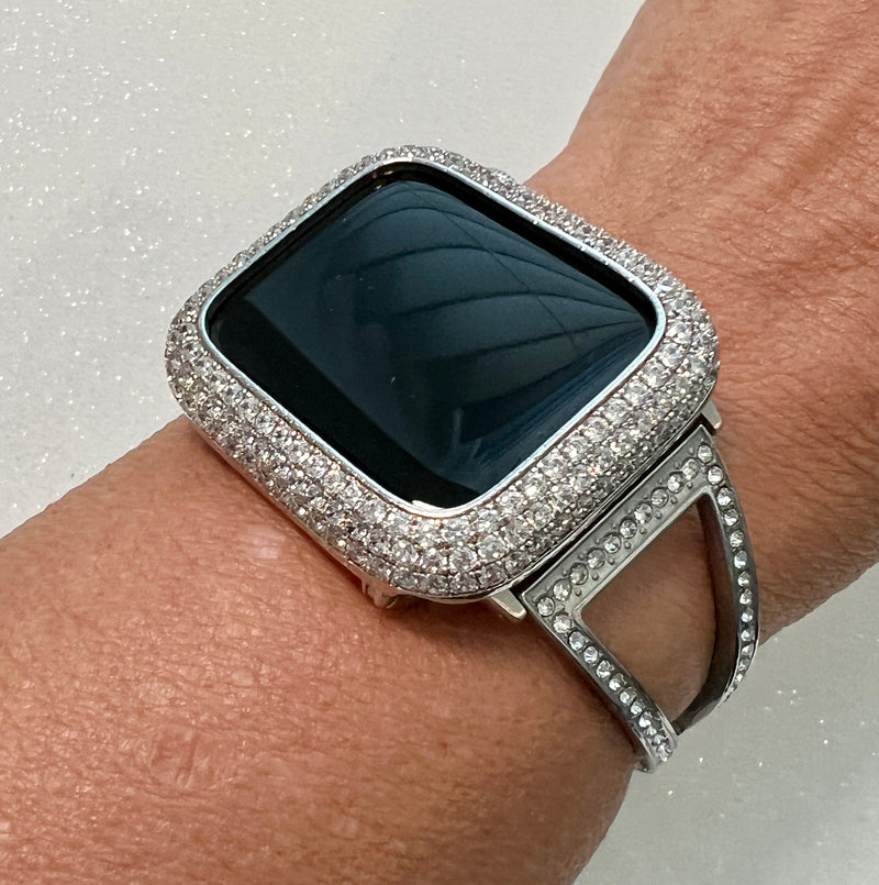 Sliver Apple Watch Band Women Swarovski Crystal Bangle Bracelet & or Apple Watch Case Pave Lab Diamonds 38mm-49mm Ultra Iwatch Candy Bling