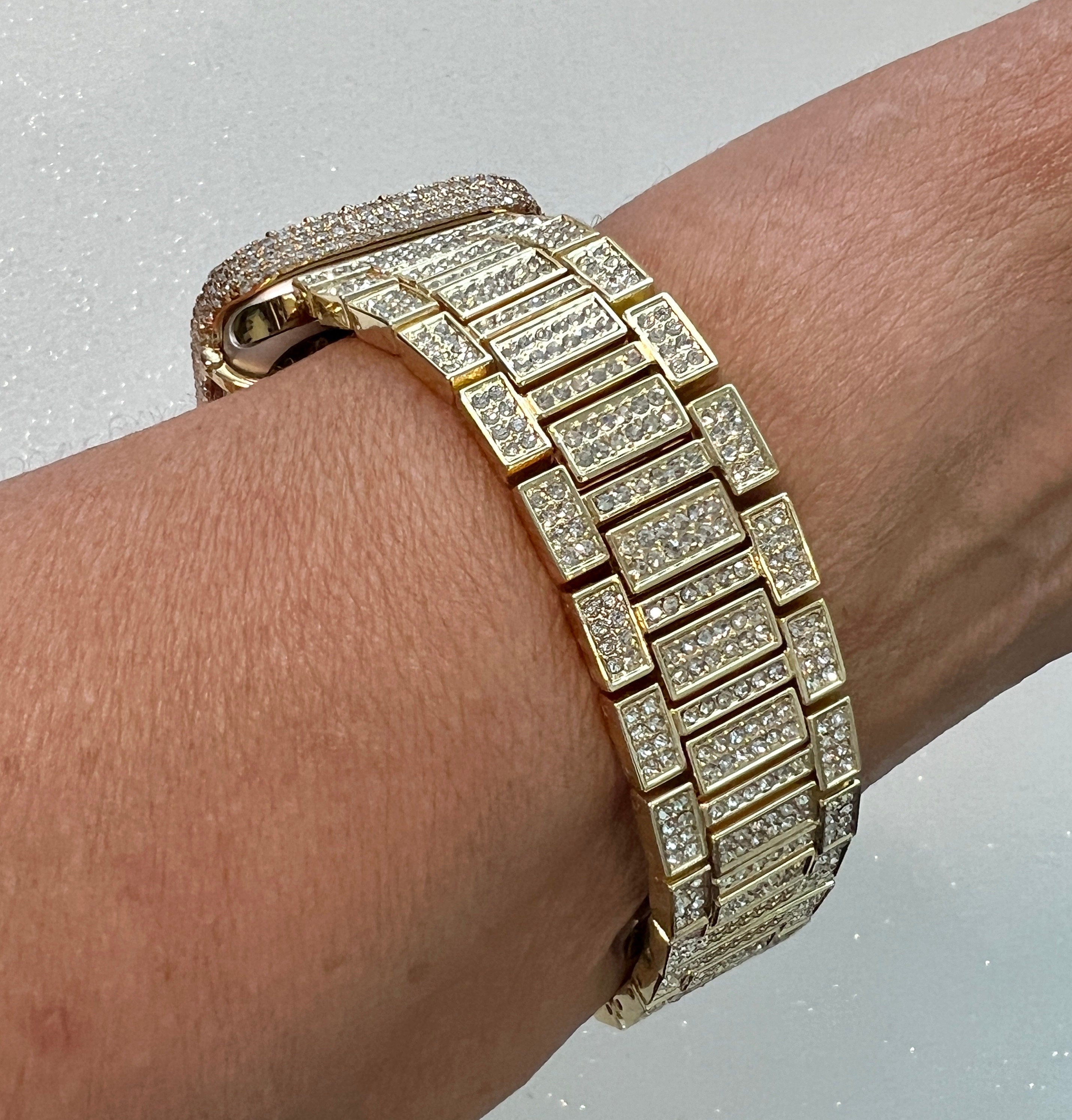 Mens Apple Watch Band Women Gold Pave Crystals & or Apple Watch Cover 3.5mm Lab Diamond Bezel Smartwatch Bumper Case Iwatch Candy