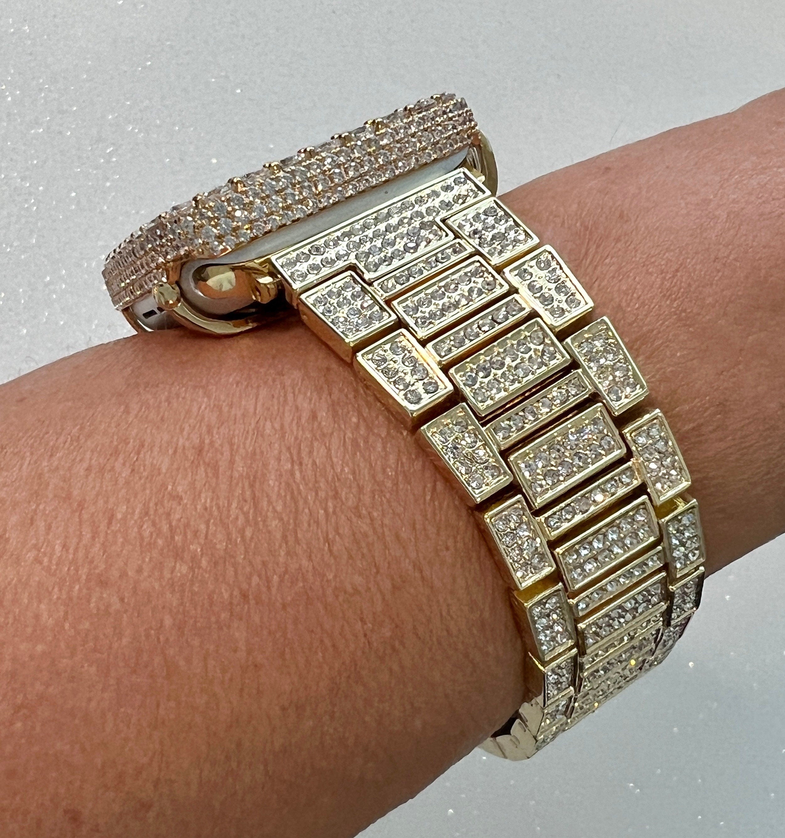 Mens Apple Watch Band Women Gold Pave Crystals & or Apple Watch Cover 3.5mm Lab Diamond Bezel Smartwatch Bumper Case Iwatch Candy