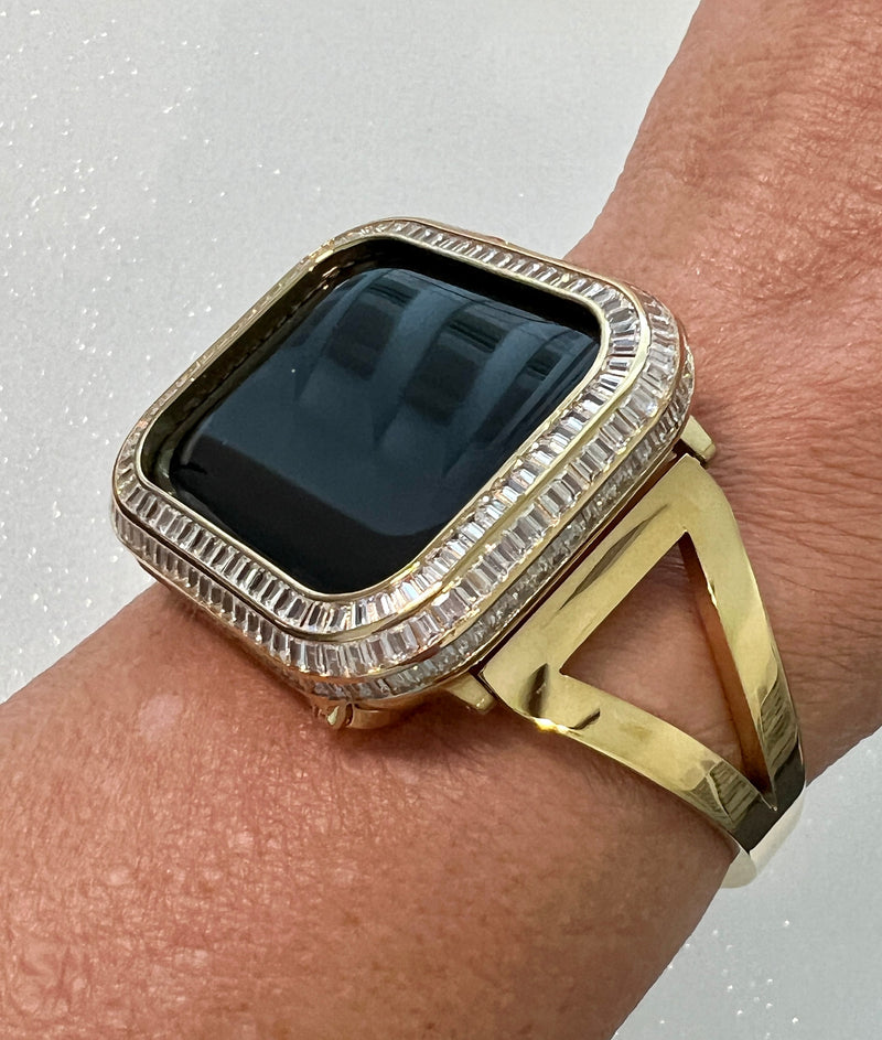 Sleek Gold Apple Watch Band Bangle Bracelet Womens & or Custom Apple Watch Case 3 Rows of Baguette Lab Diamonds Iwatch Candy 40 41 44 45mm