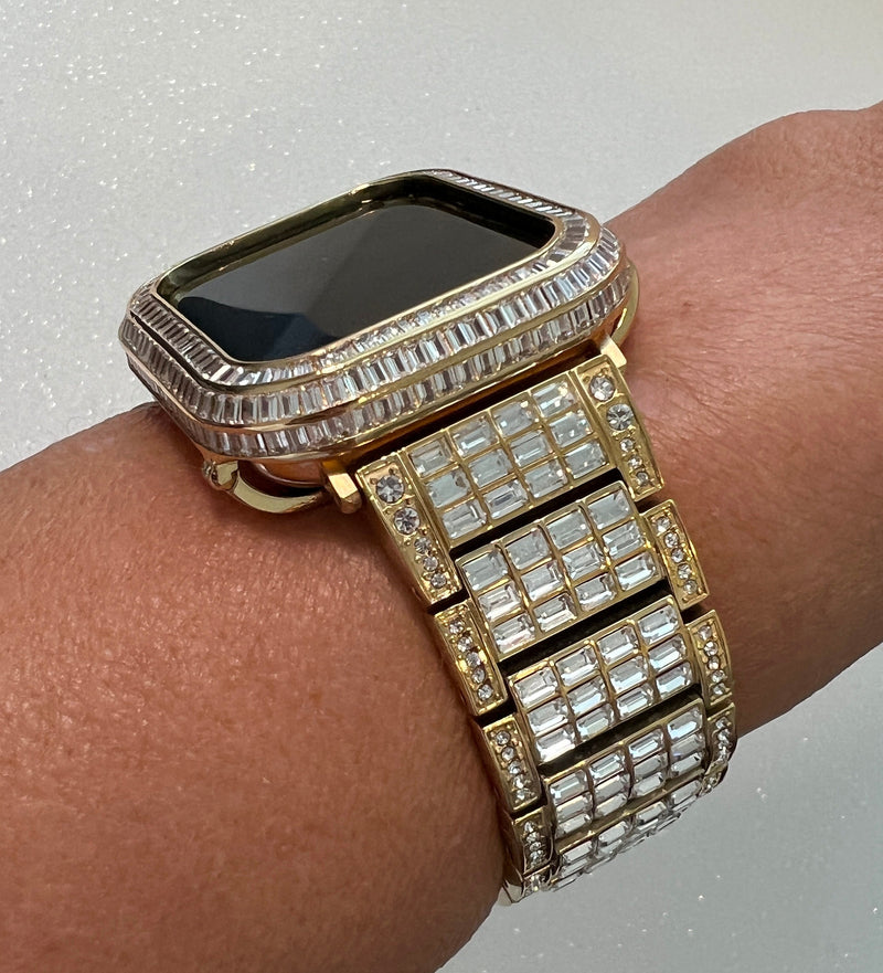 Mens Apple Watch Band Women Gold Swarovski Crystals & or Apple Watch Cover Baguette Lab Diamond Bezel 40mm 41mm 44mm 45mm Iwatch Candy Bling