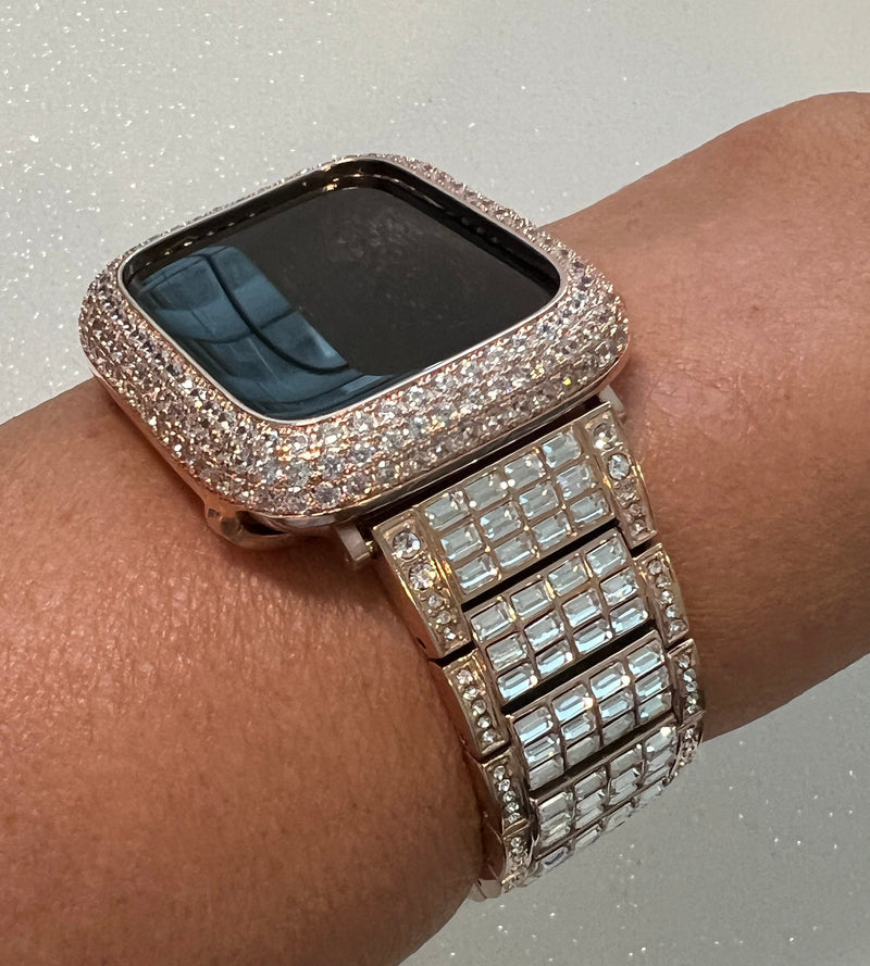 Apple Watch Band Women Rose Gold Swarovski Crystals & or Apple Watch Cover Pave Lab Diamond Bezel Case 38mm-49mm Ultra Iwatch Candy Bling