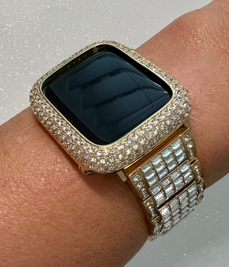 Mens Apple Watch Band Women Gold Swarovski Crystals & or Apple Watch Cover Pave Lab Diamond Bezel 38mm-49mm Ultra Iwatch Candy Bling