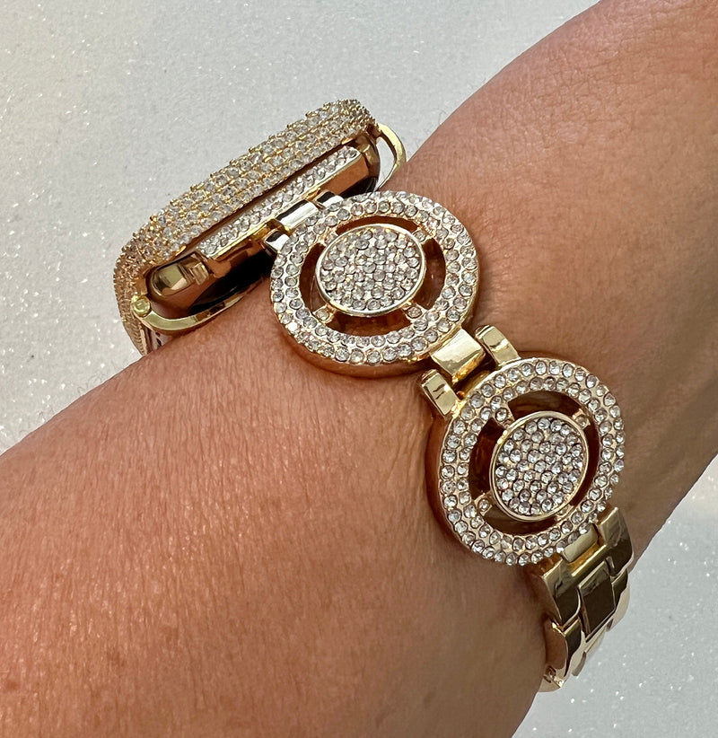 Womens Apple Watch Band Yellow Gold Pave Swarovski Crystal 38-49mm & or Apple Watch Cover Lab Diamond Bezel Case Iwatch Candy Bling